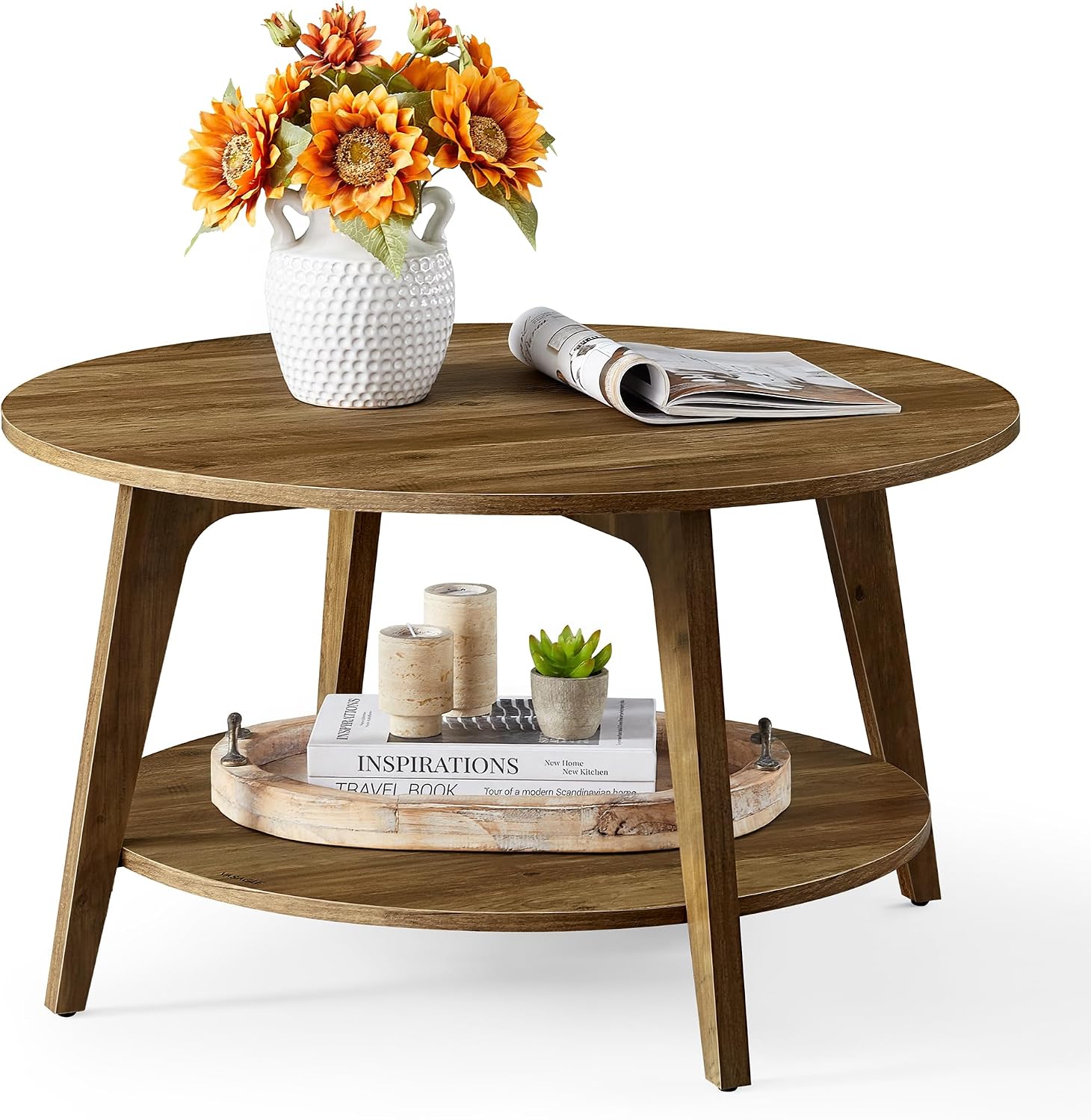 VASAGLE Round Coffee Table, 2-Tier Center Table with Storage, Tapered Legs