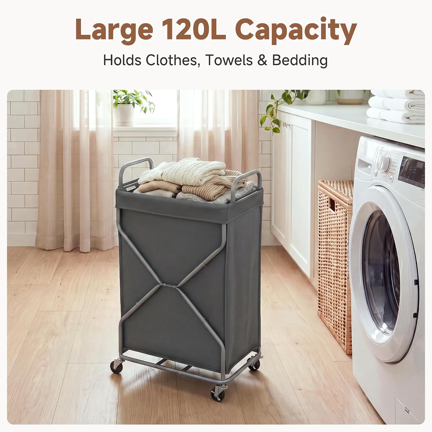 StorageWorks Laundry Basket, Rolling Hamper with Removable Bag, Grey, 120L - Image 4