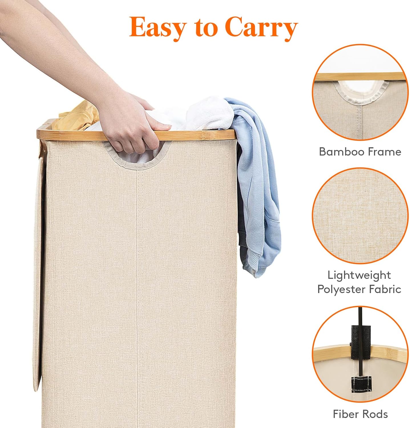 Lifewit 105L Large Laundry Basket with Lid, Removable Bags, Beige - Image 5