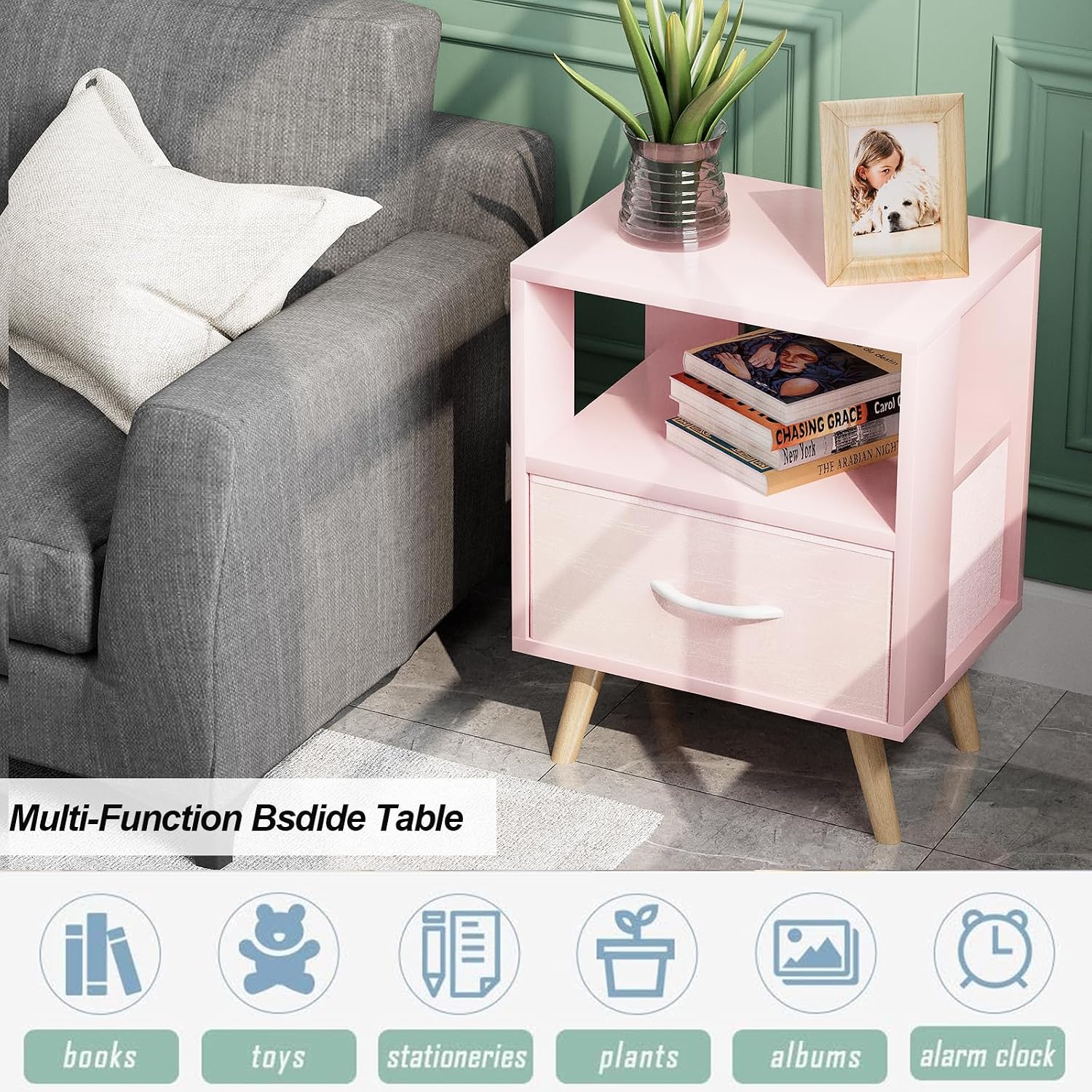 Aenuert Night Stand, Pink Kids Nightstand with Drawer, Nursery Side Table with Open Storage, 2-Tier Modern End Table, Bedside Table for Small Space, Living Room, Bedroom - Image 5