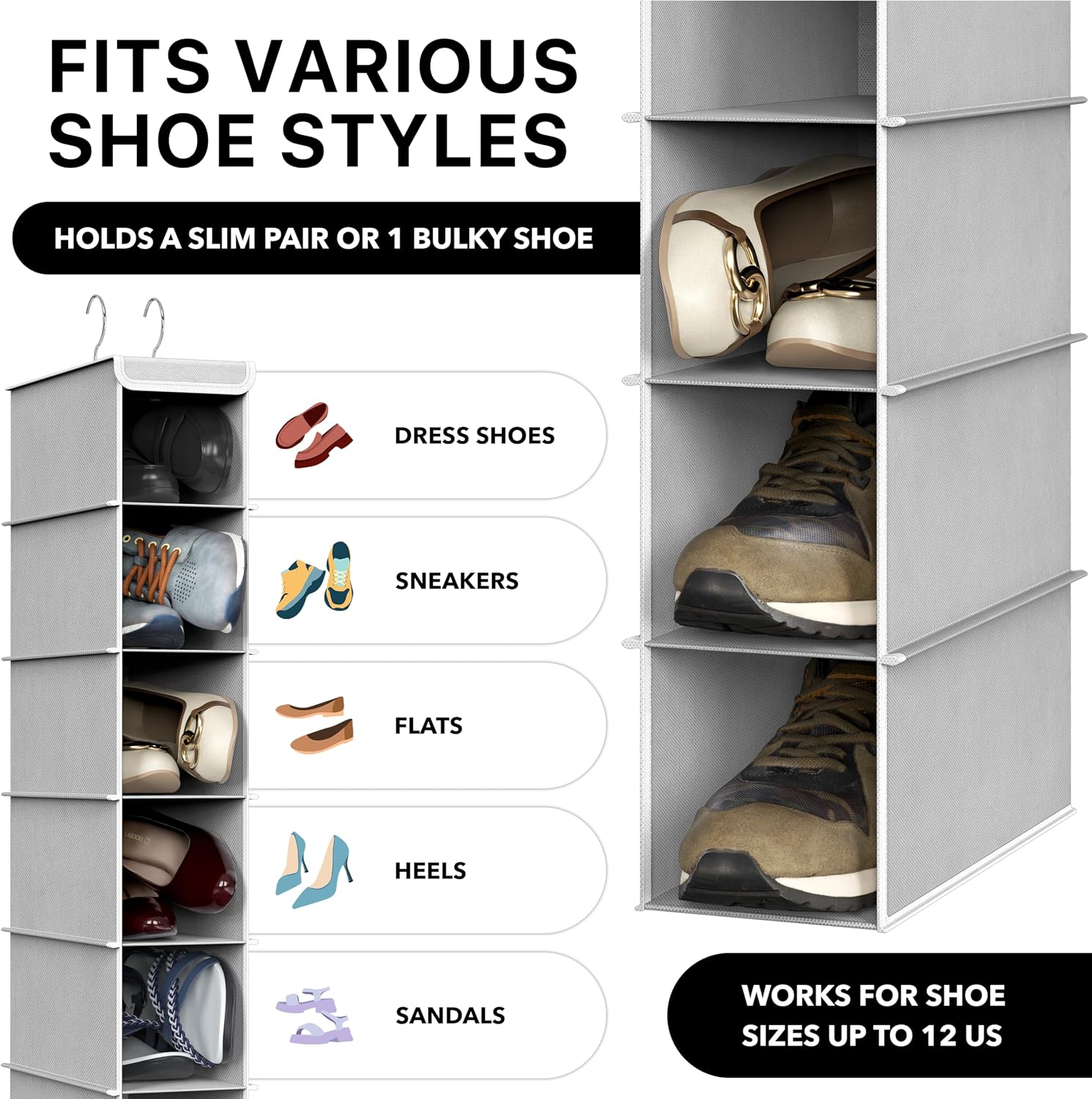 Simple Houseware 2 Pack 10 Shelves Hanging Shoe Organizer, Gray - Image 3