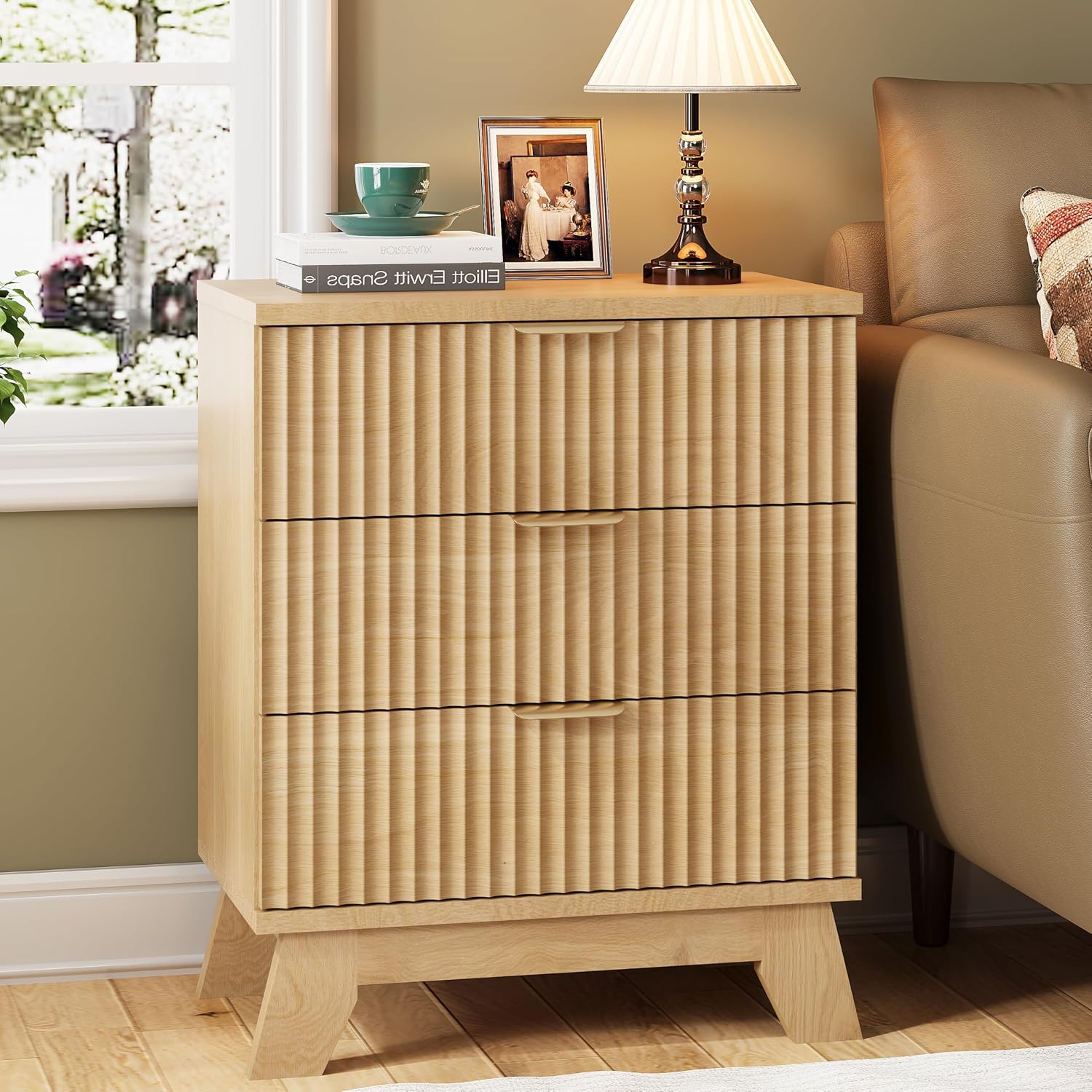 Xixini Fluted Nightstand with 3 Drawers, 24" Wide Side Table, Natural Oak - Image 3