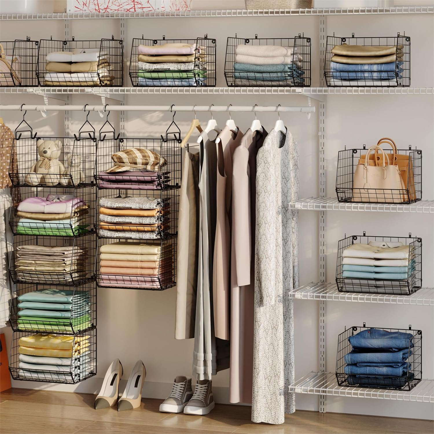 X-cosrack 5 Tier Closet Hanging Organizer, Clothes Hanging Shelves with 4 Hanging Hooks 5 S Hooks, Wire Storage Basket Bins, for Clothing Sweaters Shoes Handbags Clutches Accessories Patent Design - Image 4