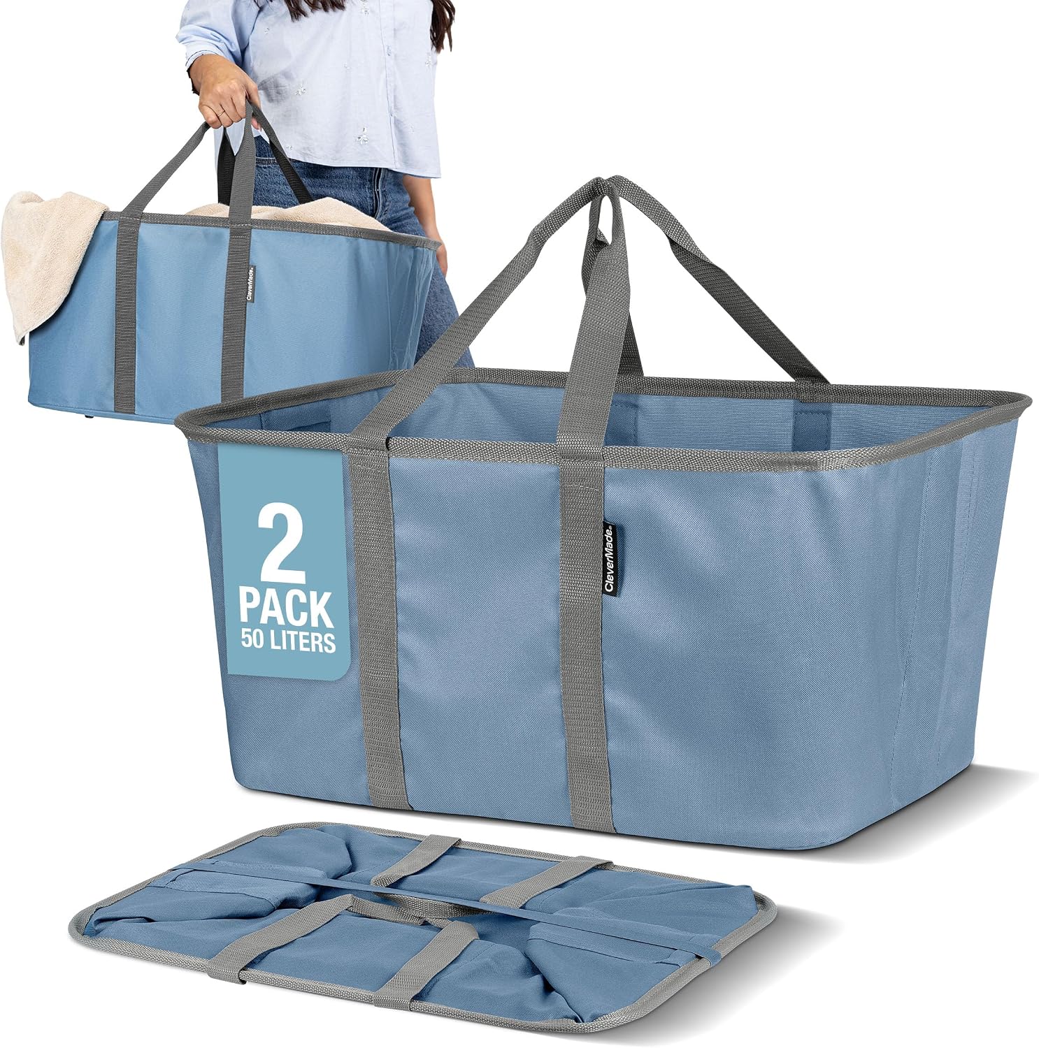 CleverMade Collapsible Laundry Baskets, 50L Tote 2 Pack, Denim
