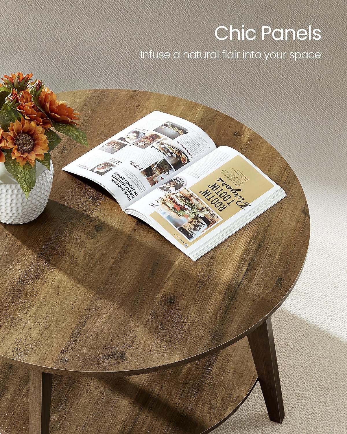 VASAGLE Round Coffee Table, 2-Tier Center Table with Storage, Tapered Legs - Image 6
