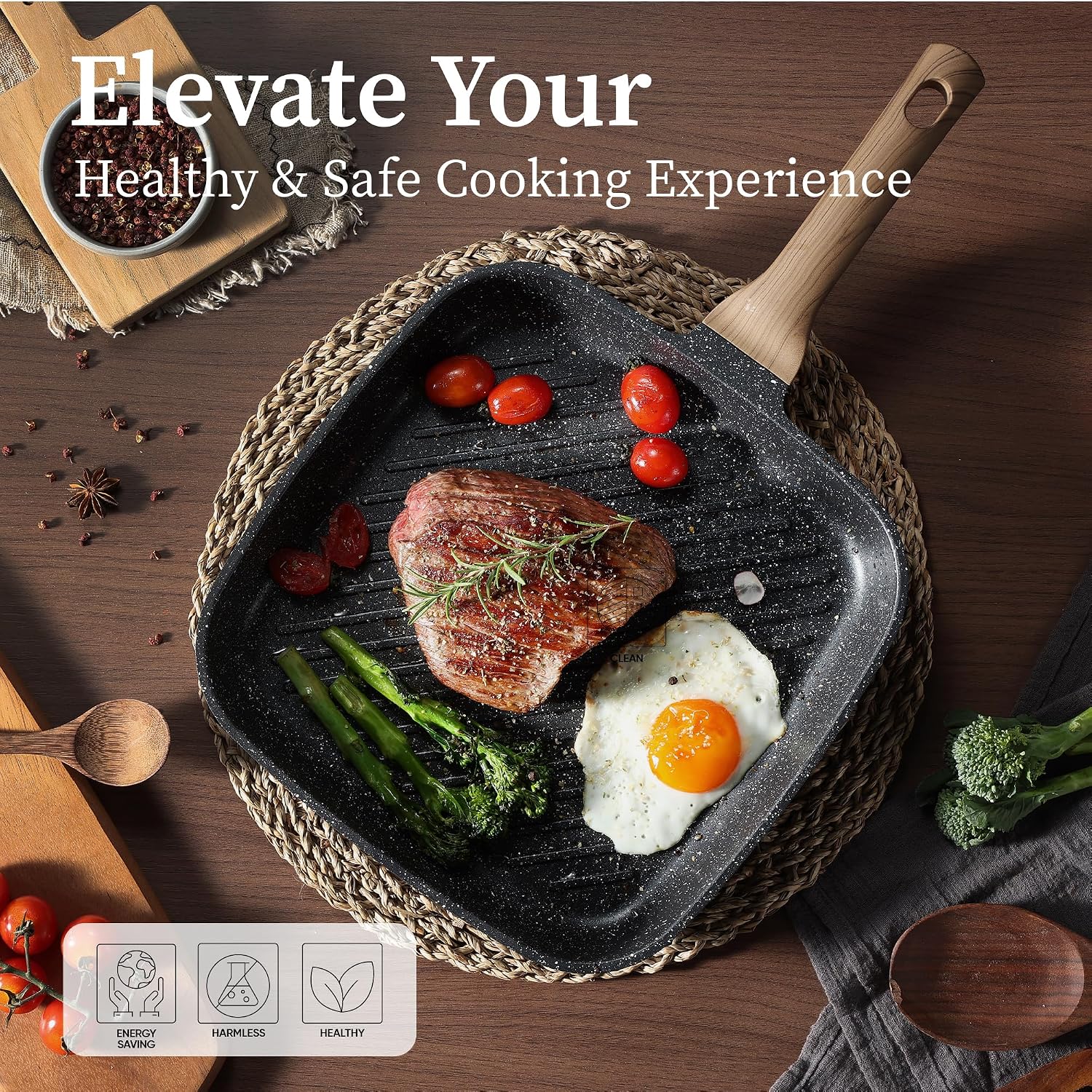 CAROTE 11 Inch Nonstick Grill Pan for Steak, Premium Granite Coating - Image 5