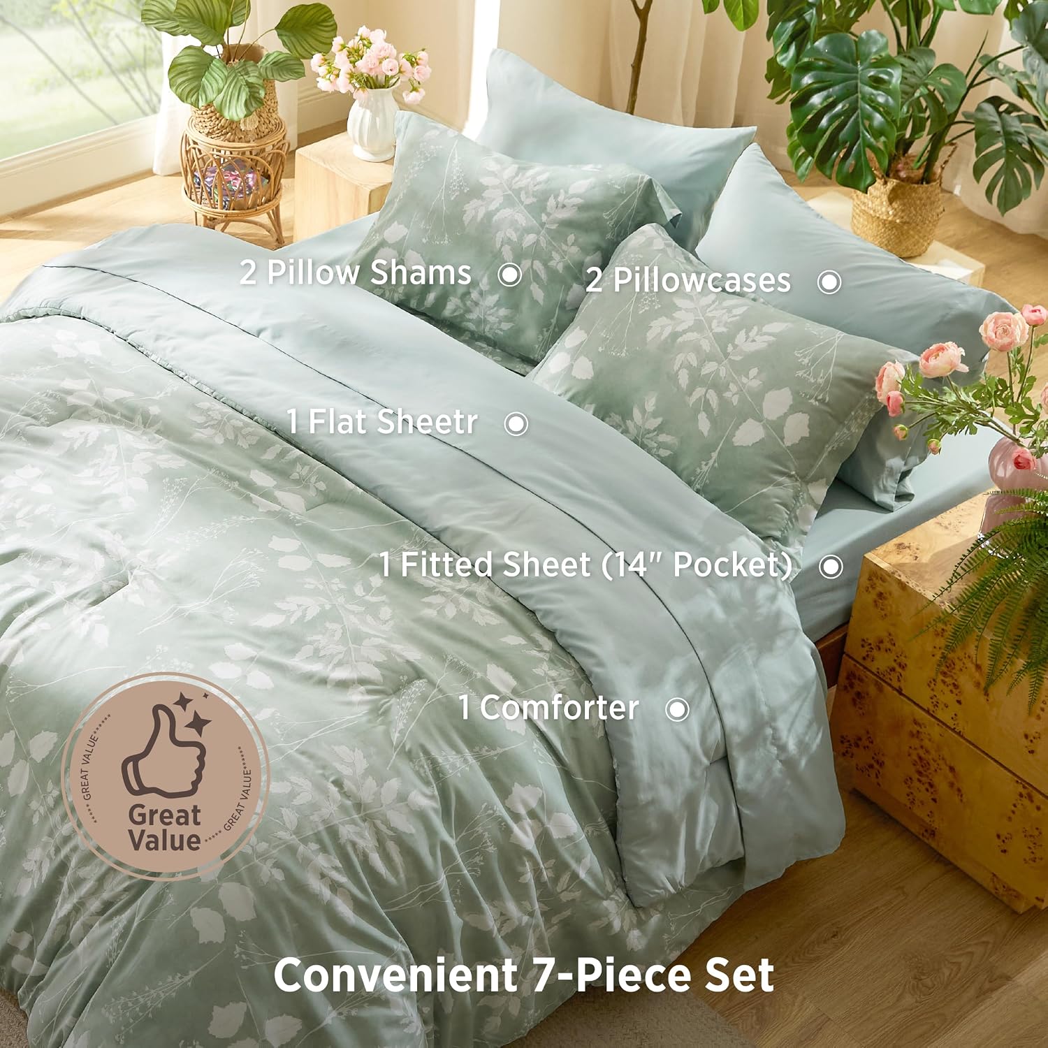 Bedsure Sage Green Queen Comforter Set, Floral Bedding Sets, 7 Piece - Image 6