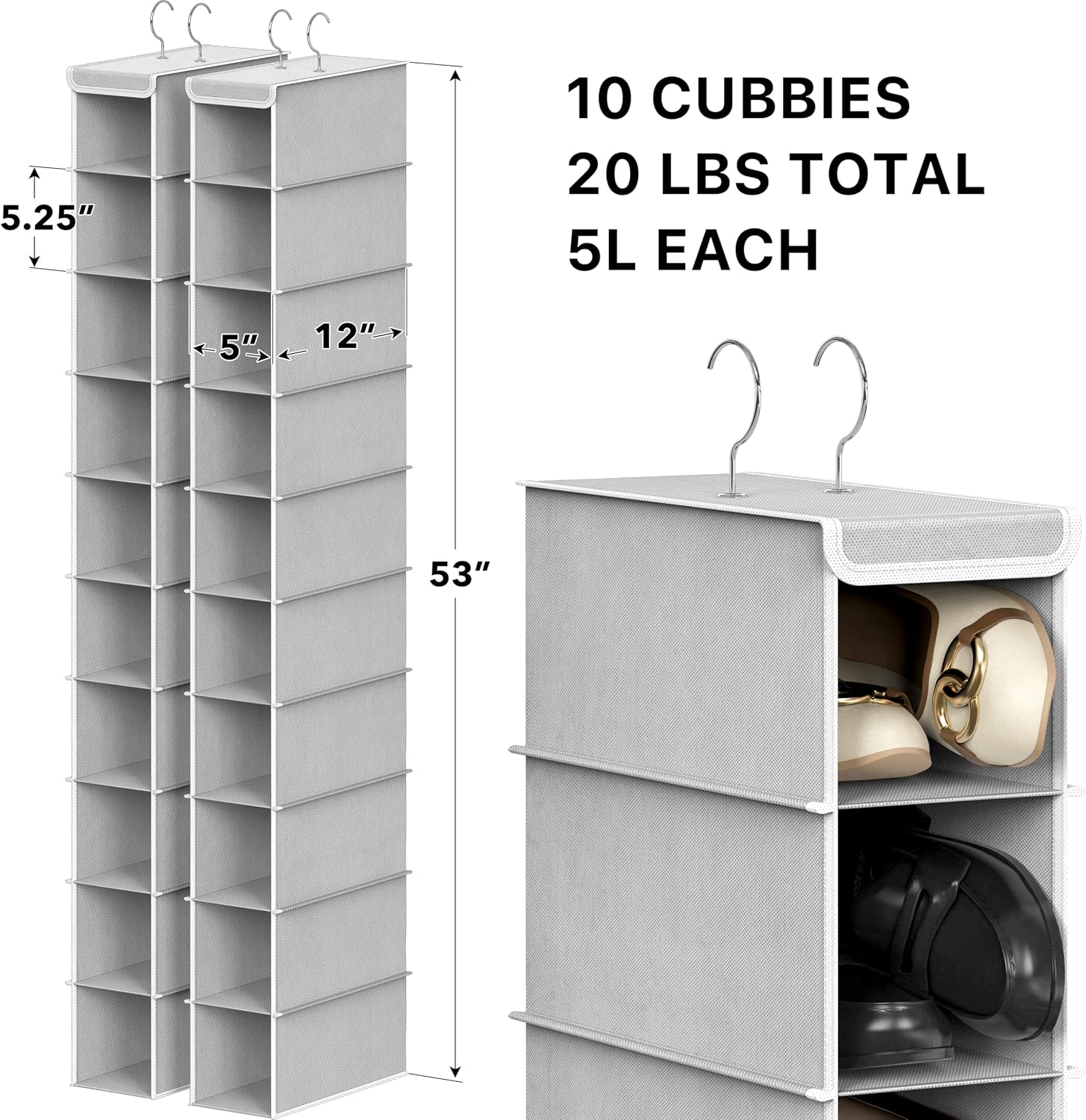 Simple Houseware 2 Pack 10 Shelves Hanging Shoe Organizer, Gray - Image 2