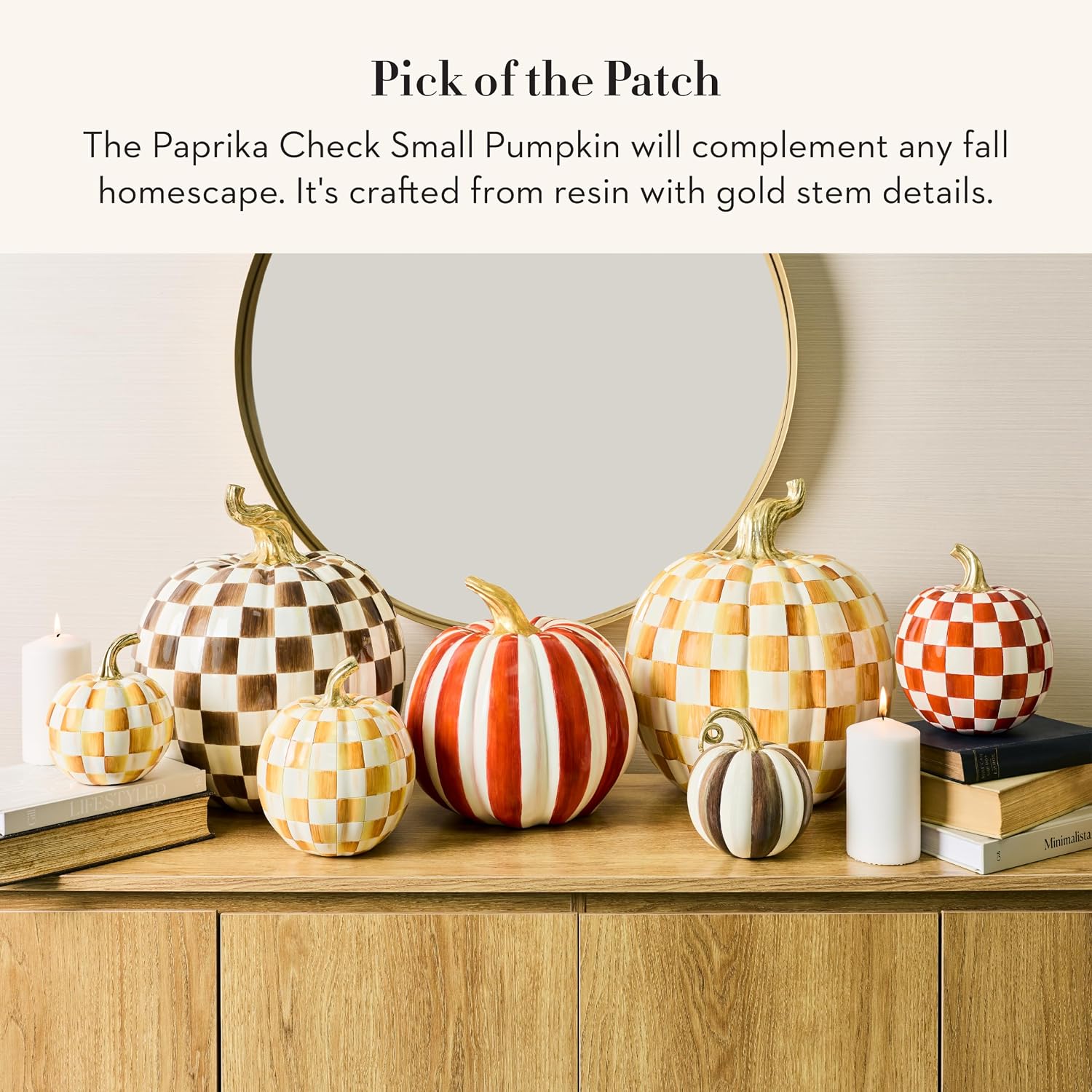MACKENZIE-CHILDS Resin Pumpkin, Small, Dark-Red-and-White Paprika Check - Image 2