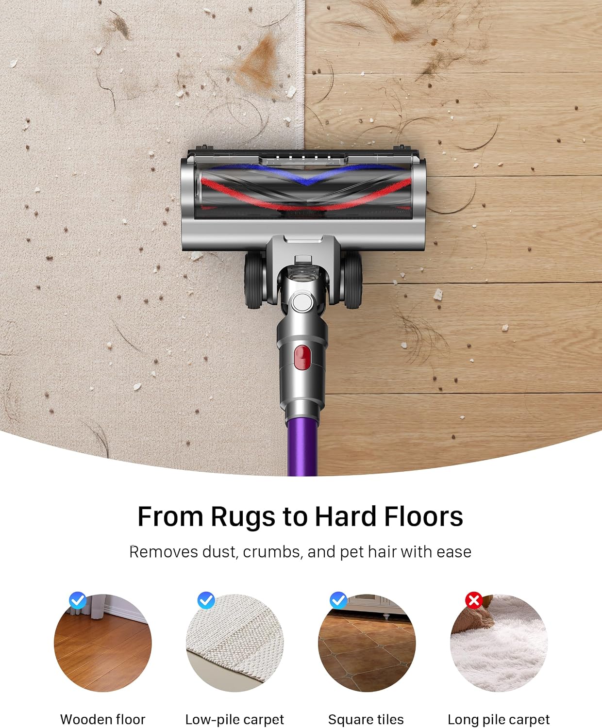Cordless Vacuum Cleaner for Home - Powerful Stick Vacuum with HEPA Filter, 55-Min Runtime, LED Light, Anti-Tangle Brush, Detachable Battery,Lightweight Vacuum for Pet Hair,Carpets & Hard Floors - Image 6