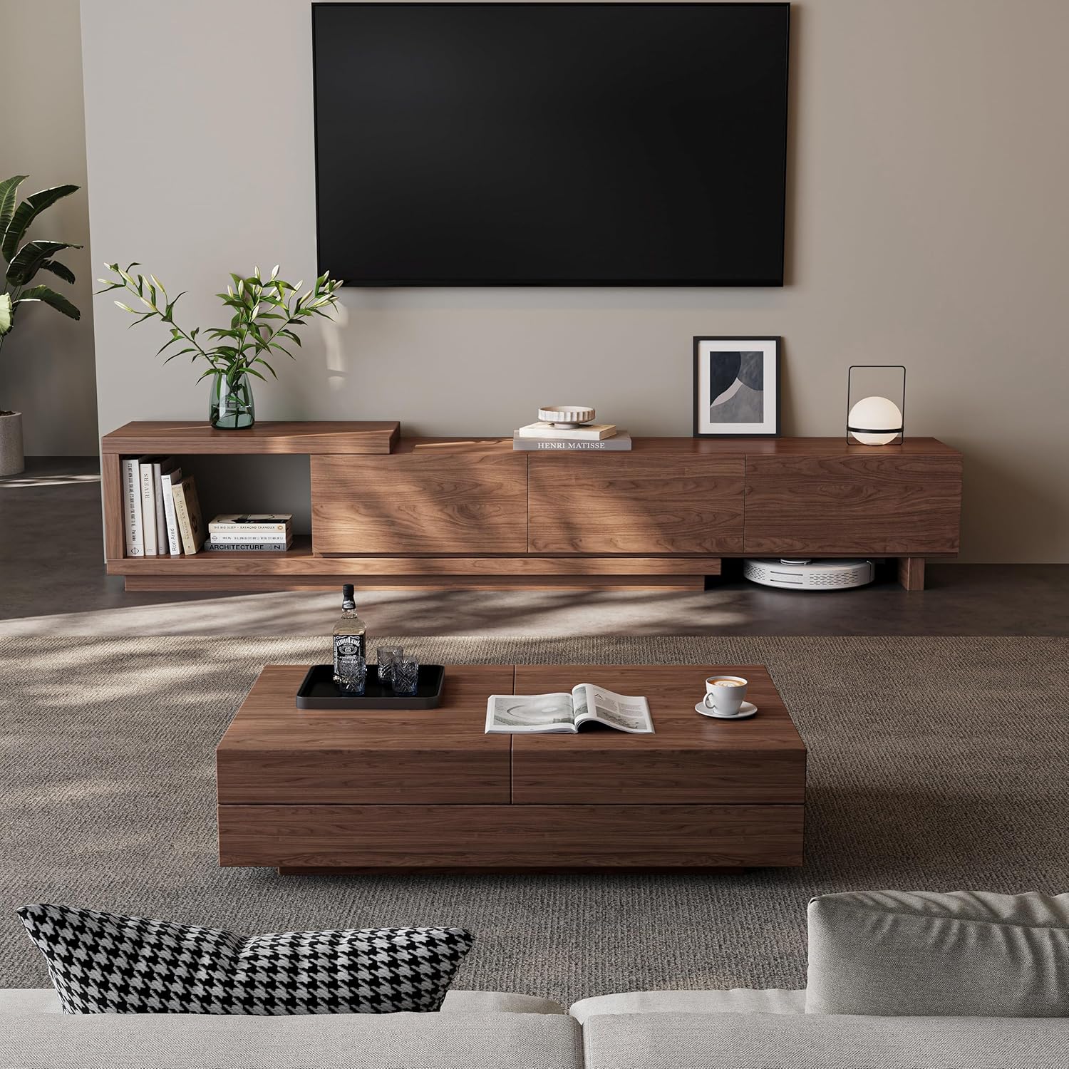 Extendable TV Stand for 65-100 Inches TVs – Walnut Entertainment Console with 3 Drawers & 1 Storage Compartment, Adjustable Length 68.5''-98.4'' (Walnut, 68.5''-98.4'') - Image 3