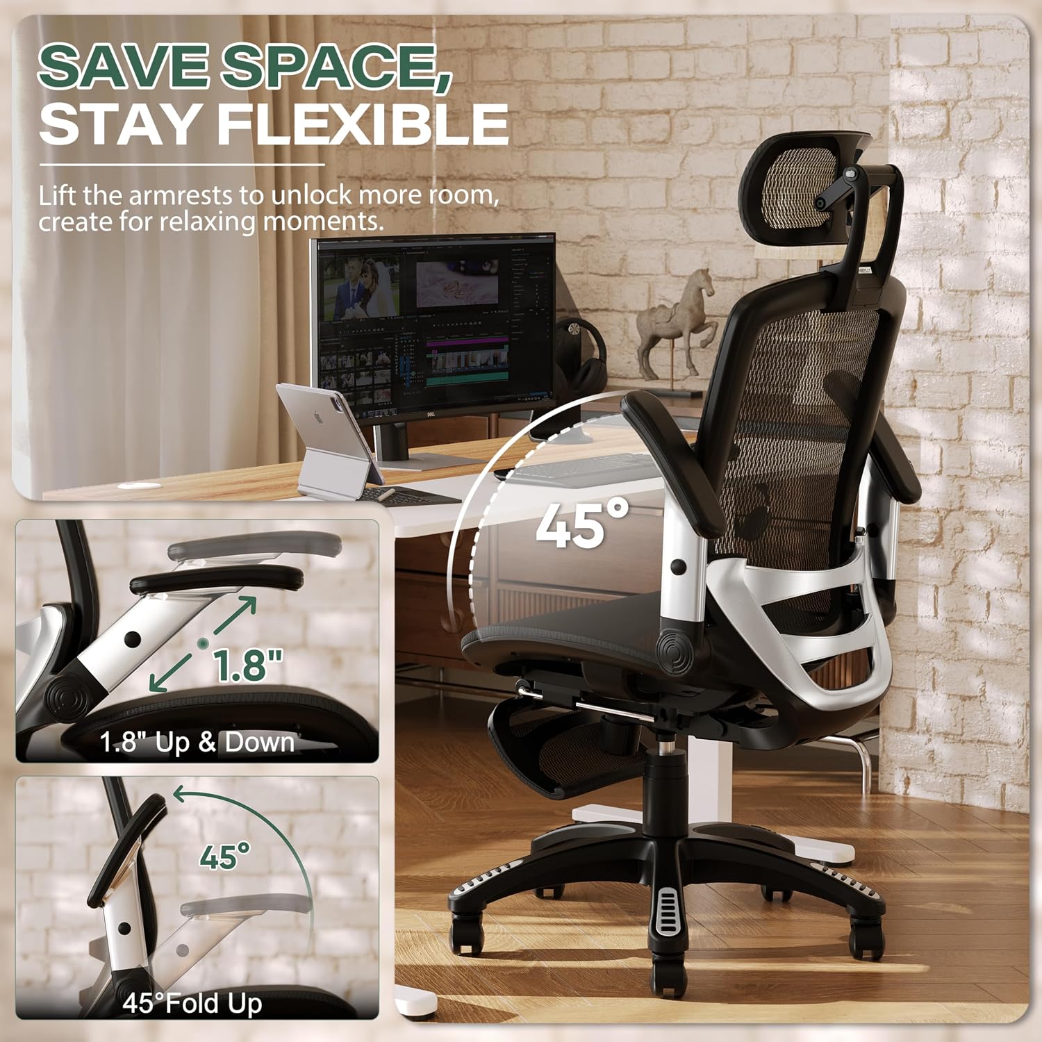 GABRYLLY Ergonomic Office Chair with Footrest, High Back Home Desk Chair - 3D Headrest, Flip-Up Arms, 135° Tilt and Wide Cushion, Heavy Duty Mesh Chairs for Task Computer Gaming, GYB01-FT - Image 5