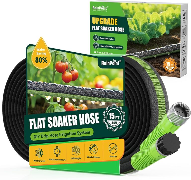 RAINPOINT 15FT Flat Soaker Hose for Garden, Flexible & Lightweight Drip Irrigation Hose with Anodized Aircraft Aluminum Fittings, Saves Up to 80% Water, Green