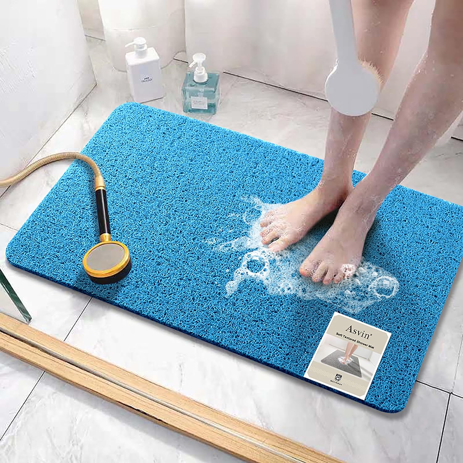 Asvin Soft Textured Bath, Shower, Tub Mat, 24x16 Inch, Phthalate Free, Non Slip Comfort Bathtub Mats with Drain, PVC Loofah Bathroom Mats for Wet Areas, Quick Drying
