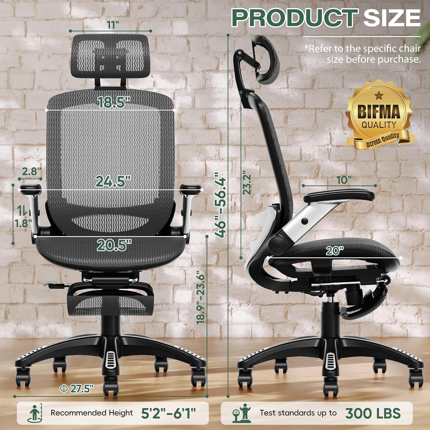 GABRYLLY Ergonomic Office Chair with Footrest, High Back Home Desk Chair - 3D Headrest, Flip-Up Arms, 135° Tilt and Wide Cushion, Heavy Duty Mesh Chairs for Task Computer Gaming, GYB01-FT - Image 3