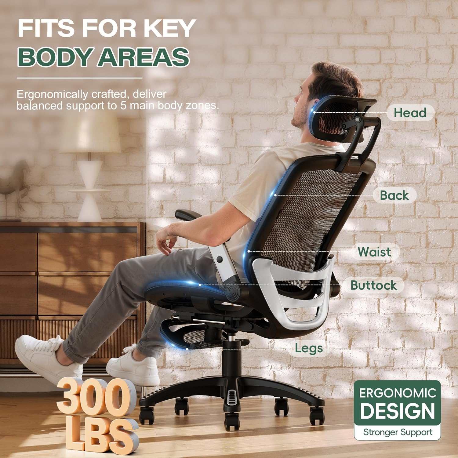 GABRYLLY Ergonomic Office Chair with Footrest, High Back Home Desk Chair - 3D Headrest, Flip-Up Arms, 135° Tilt and Wide Cushion, Heavy Duty Mesh Chairs for Task Computer Gaming, GYB01-FT - Image 8