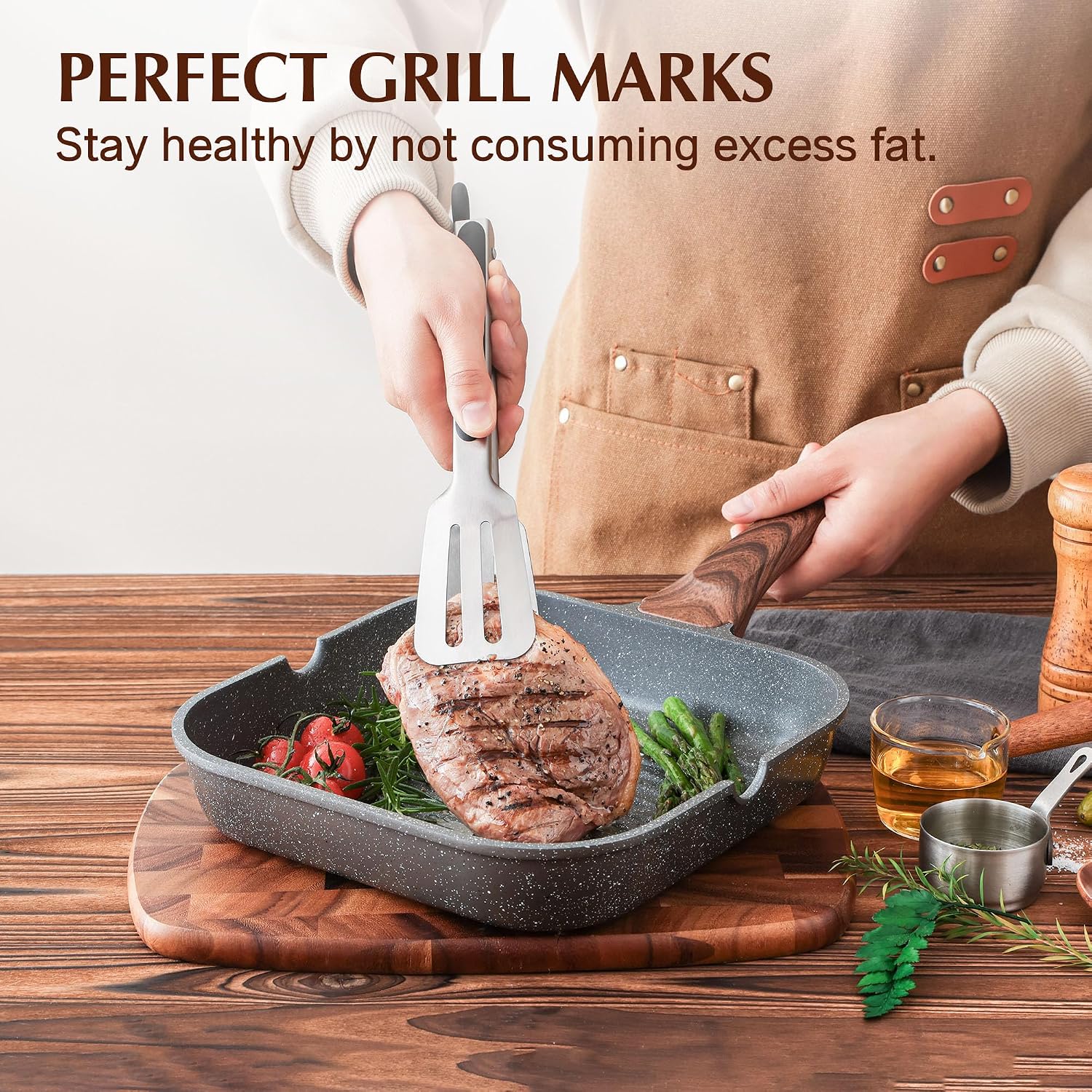 SENSARTE Nonstick Grill Pan for Stove Tops, Versatile Griddle with Pour Spouts, Square Big Cooking Surface, Durable Skillet Indoor & Outdoor Grilling. PFOA Free, 9.5 Inch - Image 3