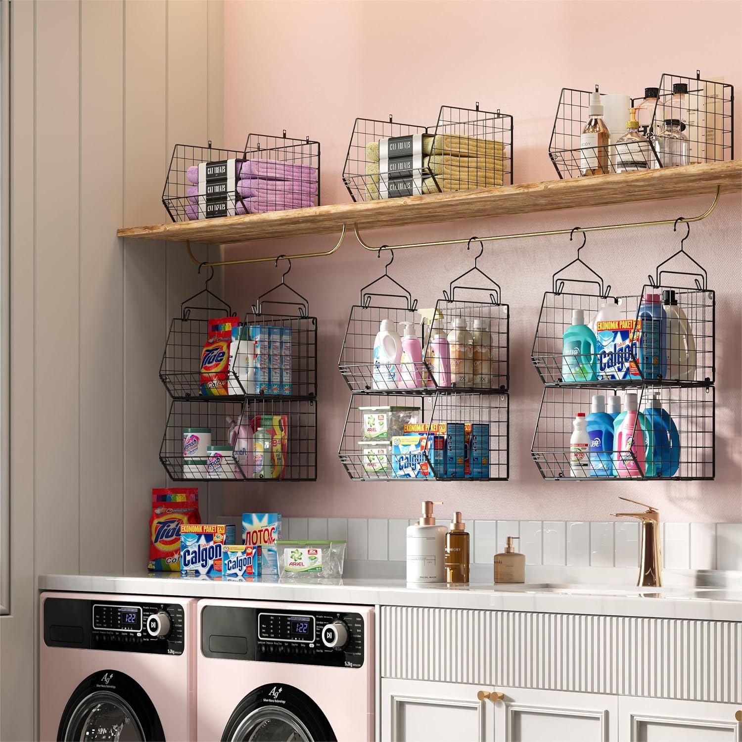 X-cosrack 5 Tier Closet Hanging Organizer, Clothes Hanging Shelves with 4 Hanging Hooks 5 S Hooks, Wire Storage Basket Bins, for Clothing Sweaters Shoes Handbags Clutches Accessories Patent Design - Image 5