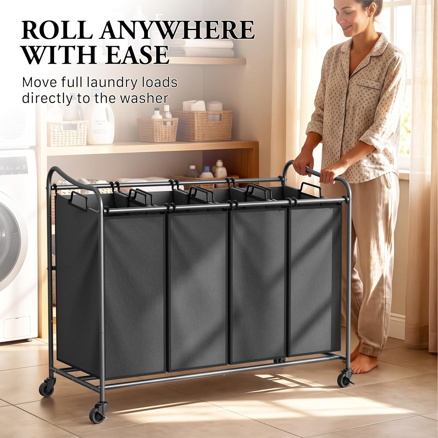 Simple Houseware 4-Bag Heavy Duty Laundry Sorter Rolling Cart, Dark Grey - Image 8