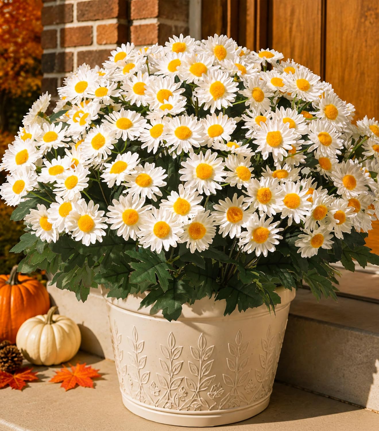 HyeFlora Artificial Fall Faux Mums Flowers Outdoor Plants for Decoration, 6 Bundles Fake Silk White Gerbera Daisy Flowers UV Resistant Look Real for Planter Outside Front Door Porch Patio Balcony