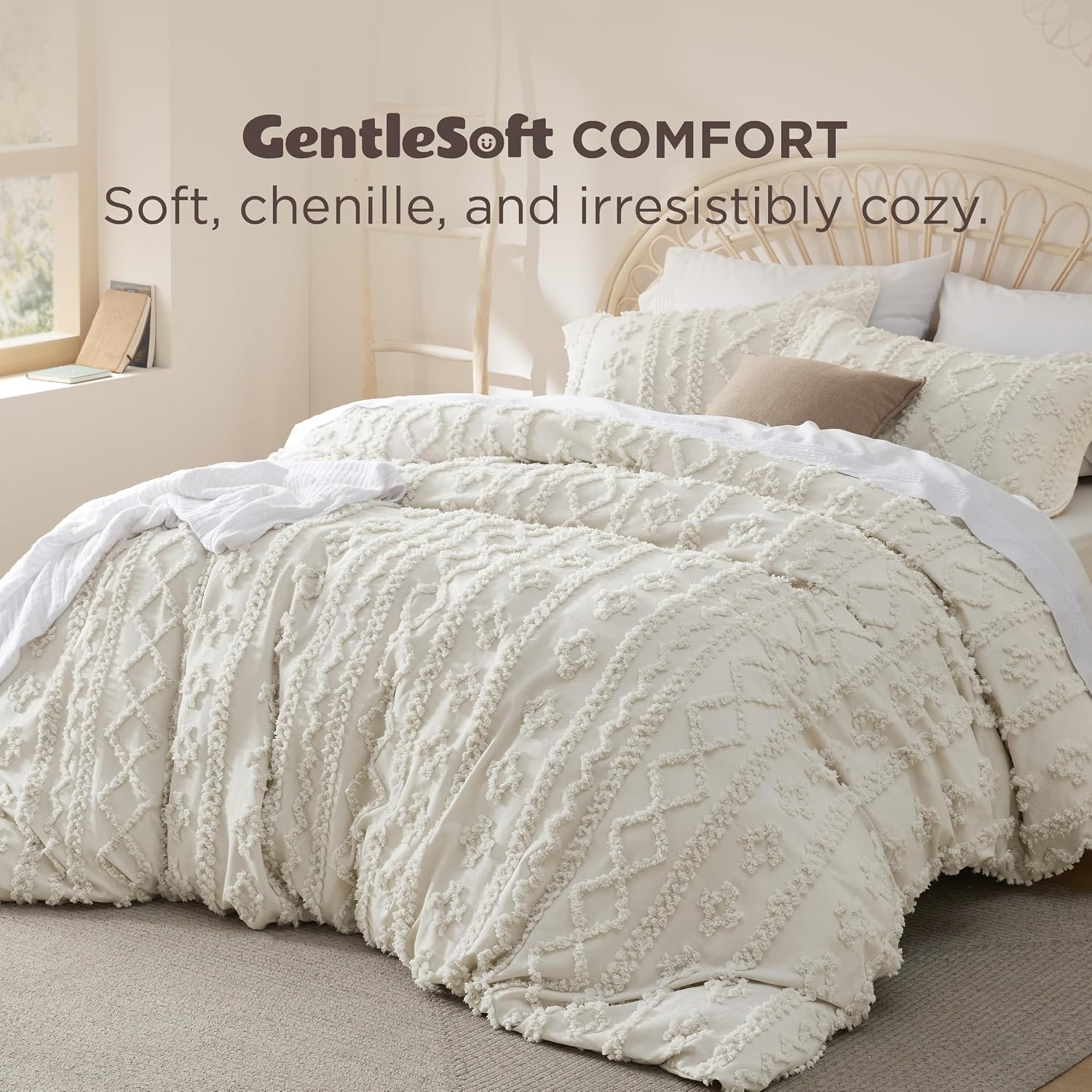 Bedsure Boho Duvet Cover Queen, Tufted Embroidery, 3-Piece, Beige - Image 2