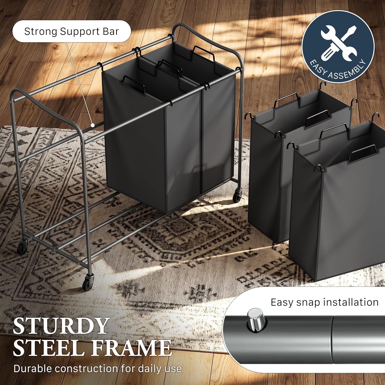 Simple Houseware 4-Bag Heavy Duty Laundry Sorter Rolling Cart, Dark Grey - Image 3