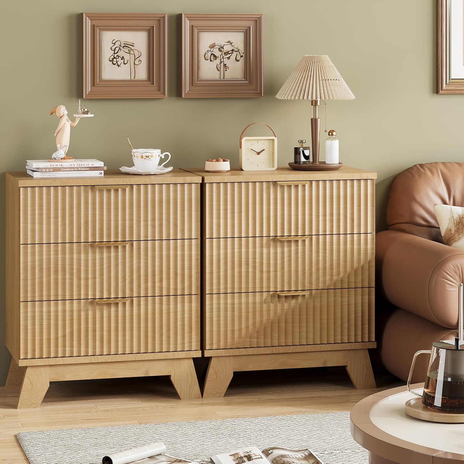Xixini Fluted Nightstand with 3 Drawers, 24" Wide Side Table, Natural Oak - Image 7