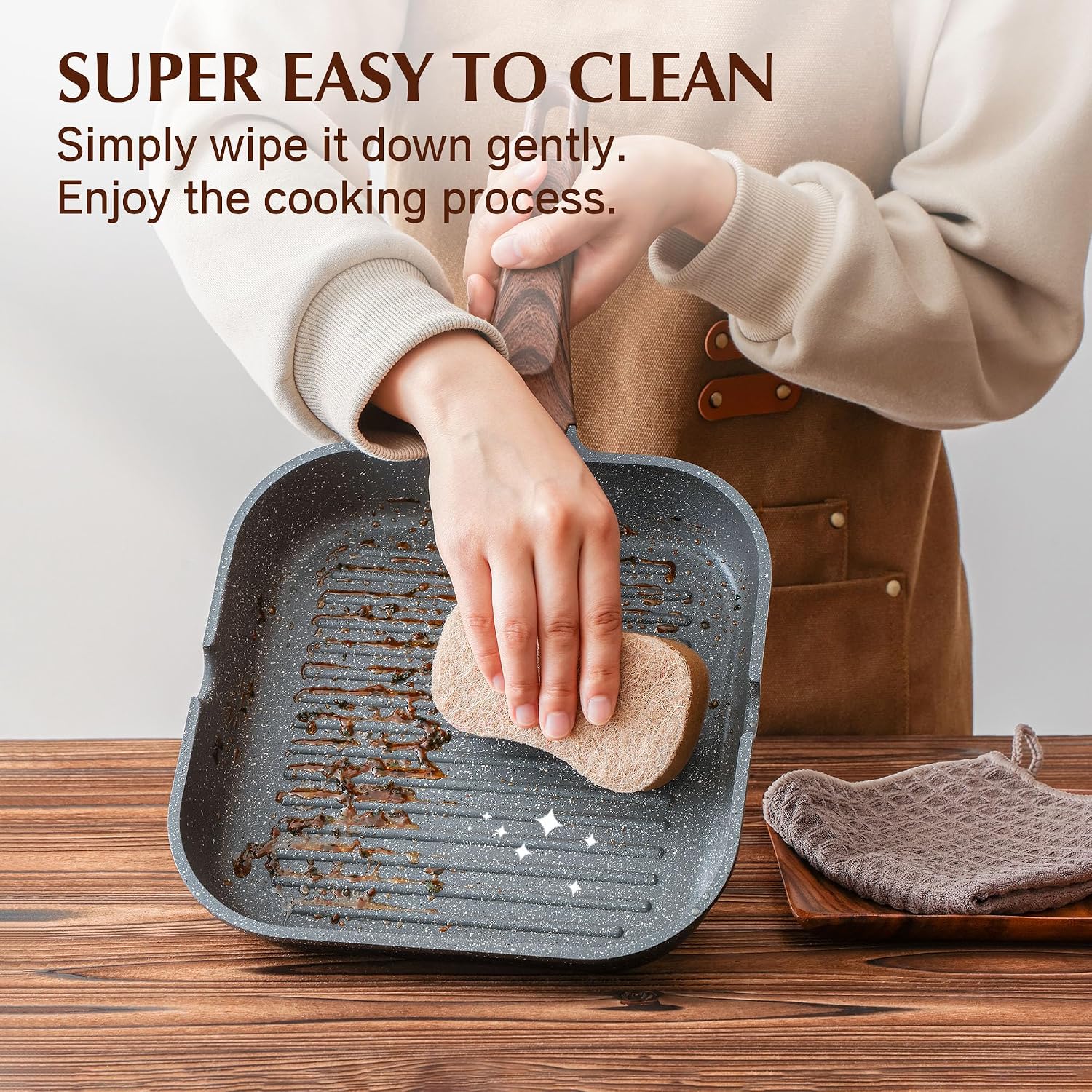 SENSARTE Nonstick Grill Pan for Stove Tops, Versatile Griddle with Pour Spouts, Square Big Cooking Surface, Durable Skillet Indoor & Outdoor Grilling. PFOA Free, 9.5 Inch - Image 4