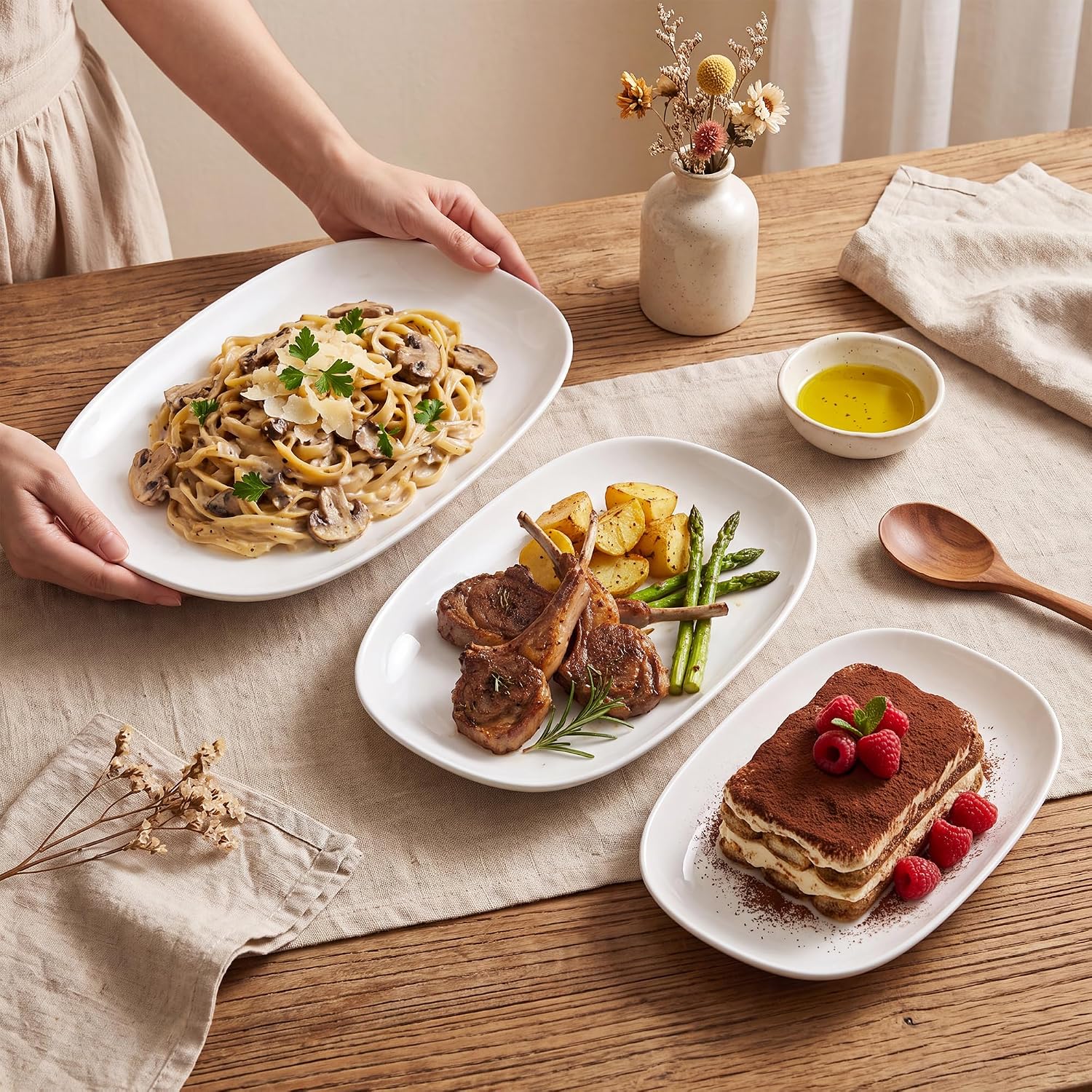 Kassel Ceramic Serving Platter Set 16”/14”/12” White Porcelain Serveware for Parties & Entertaining - Decorative Oven-Safe Serving Dishes & Platters for Food, Cookies, Meat & Turkey Oval Large - Image 6