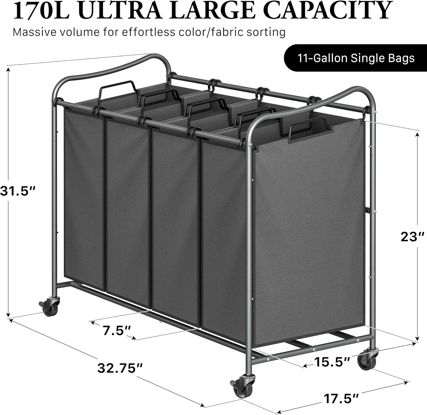Simple Houseware 4-Bag Heavy Duty Laundry Sorter Rolling Cart, Dark Grey - Image 2