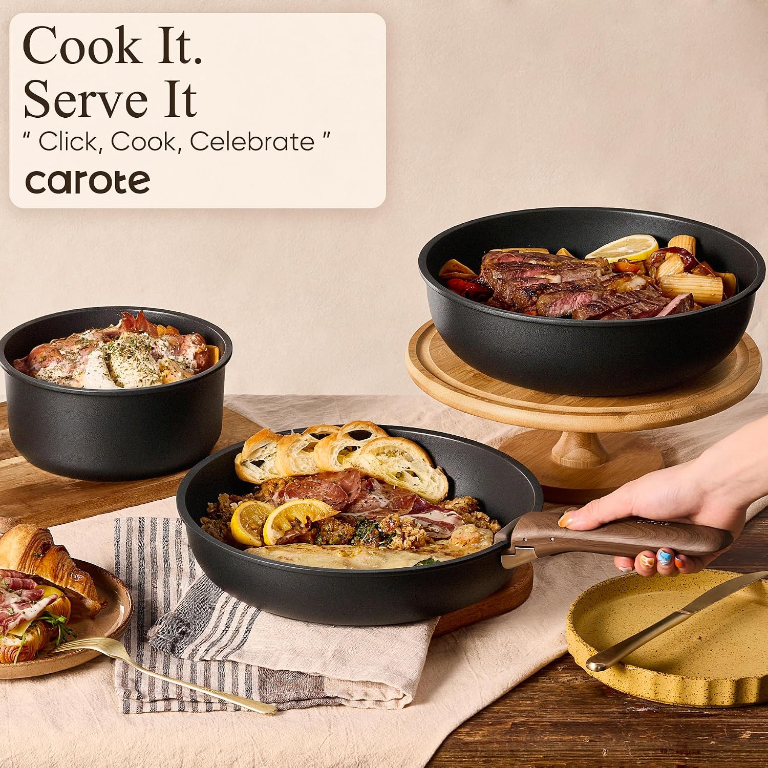 CAROTE 21pcs Pots and Pans Set Non Stick, Detachable Handle Cookware, Black - Image 7