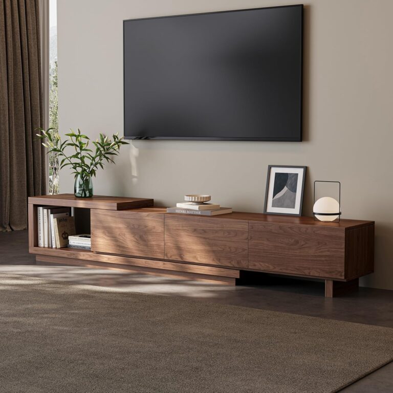 Extendable TV Stand for 65-100 Inches TVs – Walnut Entertainment Console with 3 Drawers & 1 Storage Compartment, Adjustable Length 68.5''-98.4'' (Walnut, 68.5''-98.4'')