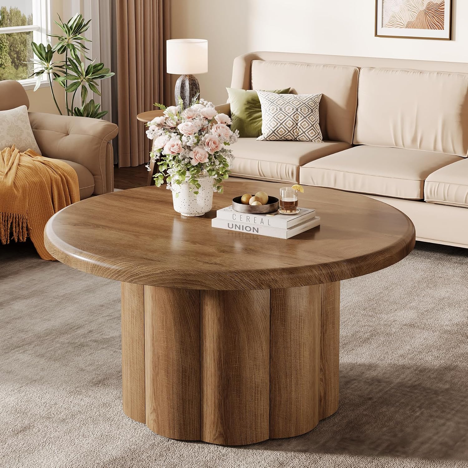 Tribesigns 31.5" Round Coffee Table for Living Room, Farmhouse Circle Center Cocktail Table with Fluted Drum Base, Wooden Living Room Furniture for Apartment, Small Space, Brown - Image 2