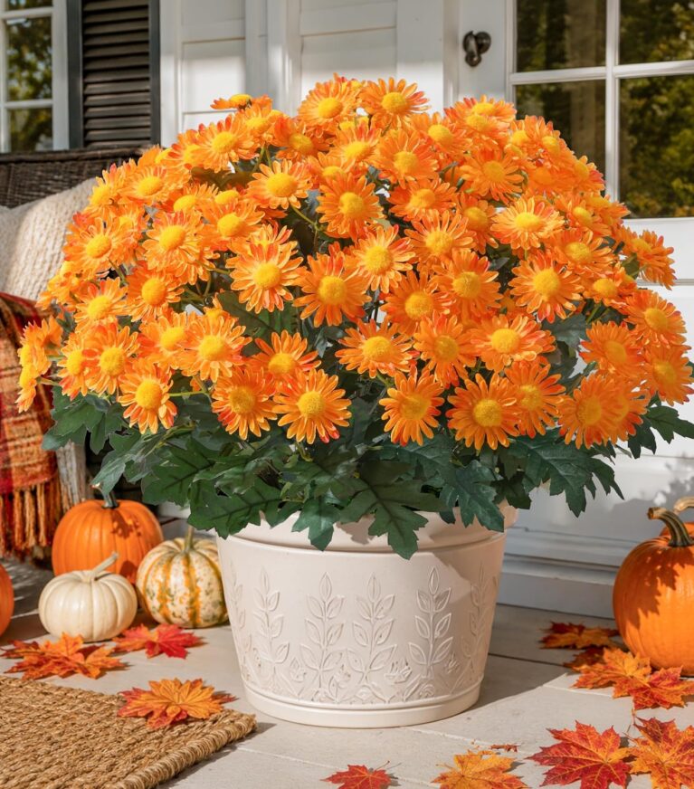 HyeFlora Artificial Fall Faux Mums Flowers Outdoor Plants for Decoration, 6 Bundles Fake Silk Orange Gerbera Daisy Flowers UV Resistant Look Real for Planter Outside Front Door Porch Patio Balcony