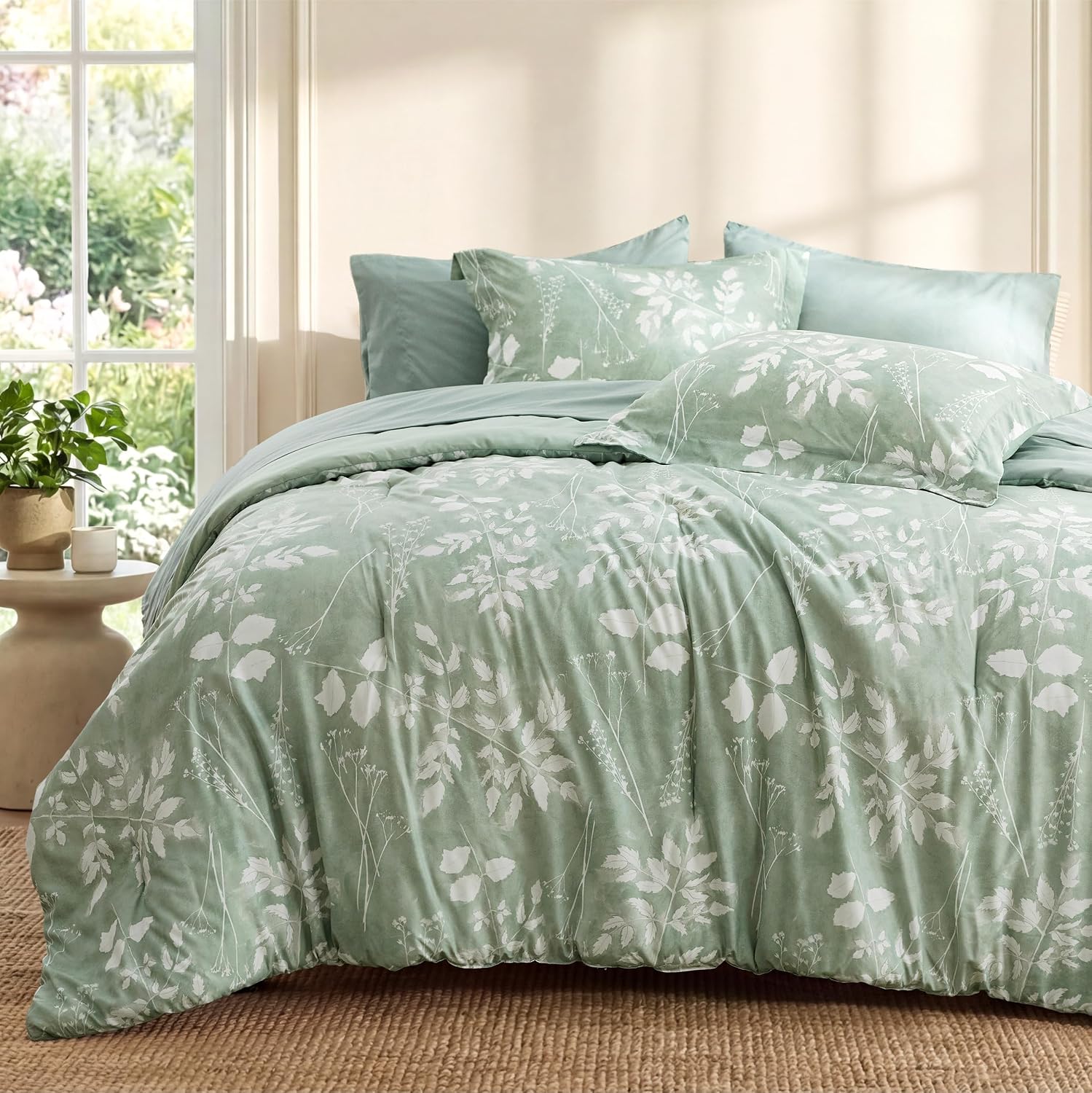 Bedsure Sage Green Queen Comforter Set, Floral Bedding Sets, 7 Piece - Image 8