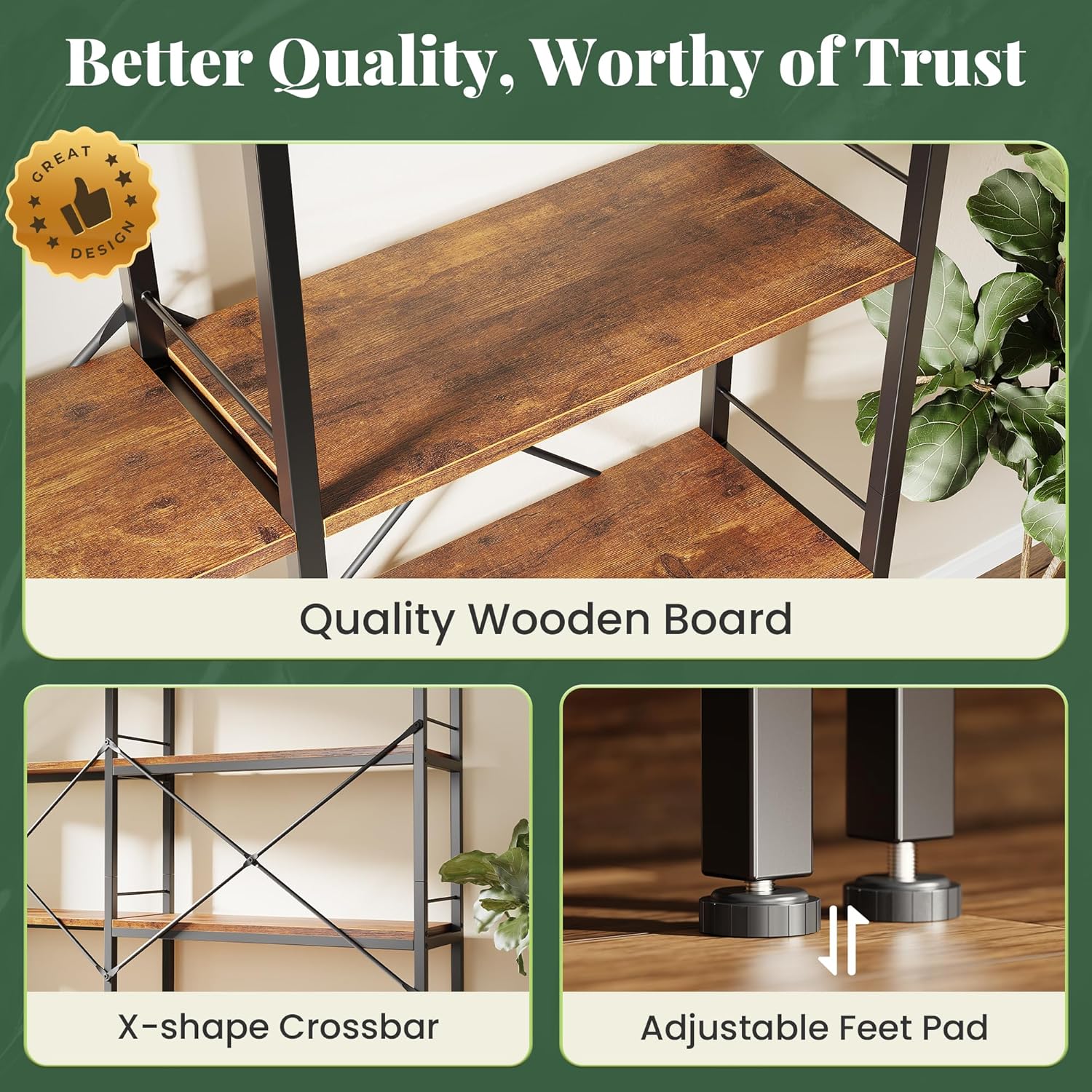 Huuger 5 Tier Bookshelf, L Shaped Corner Bookshelf with 10 Open Shelves, 49.4 Inch Straight Wide Bookcase with Metal Frame and Wooden Board, Adjustable Feet, Rustic Brown - Image 6