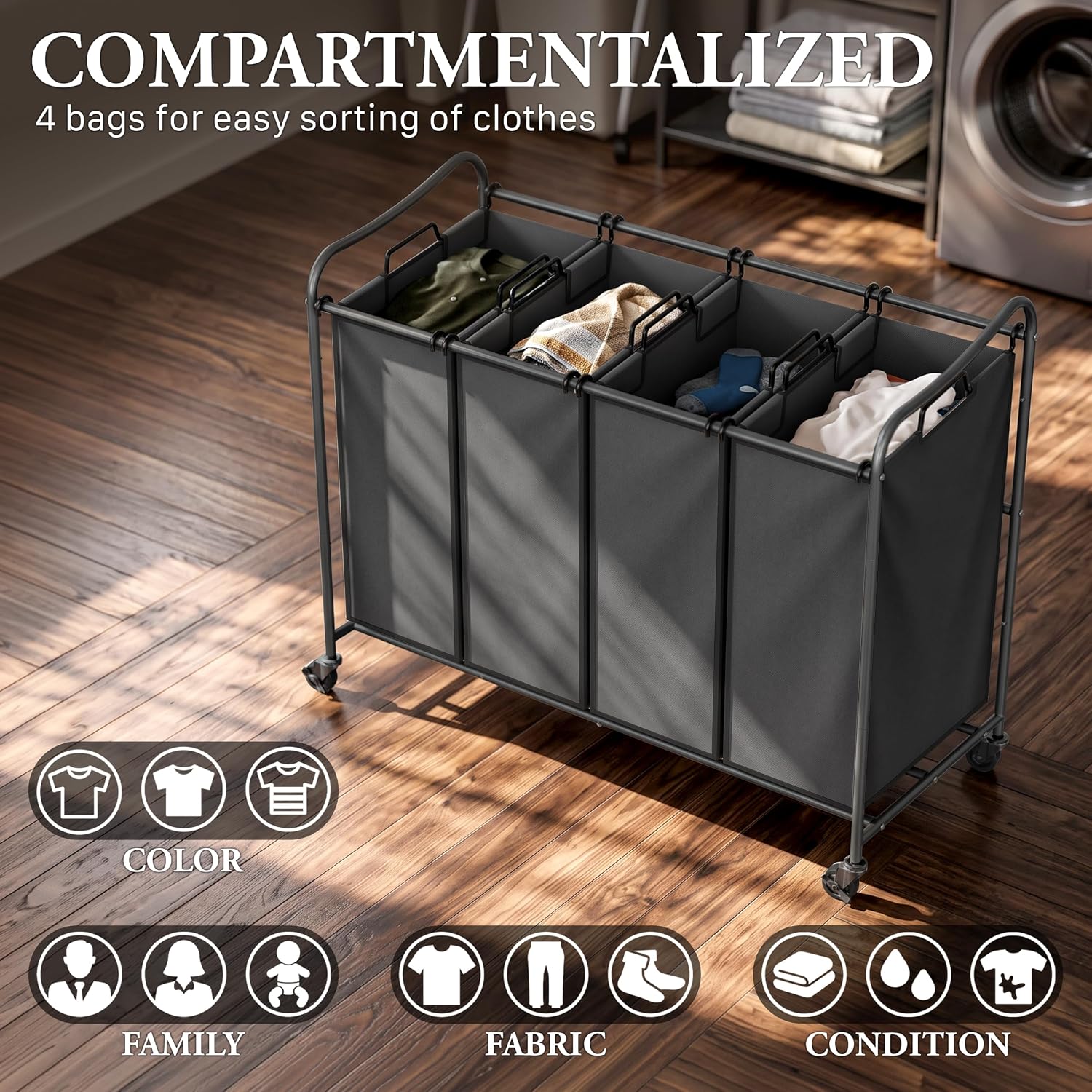 Simple Houseware 4-Bag Heavy Duty Laundry Sorter Rolling Cart, Dark Grey - Image 7
