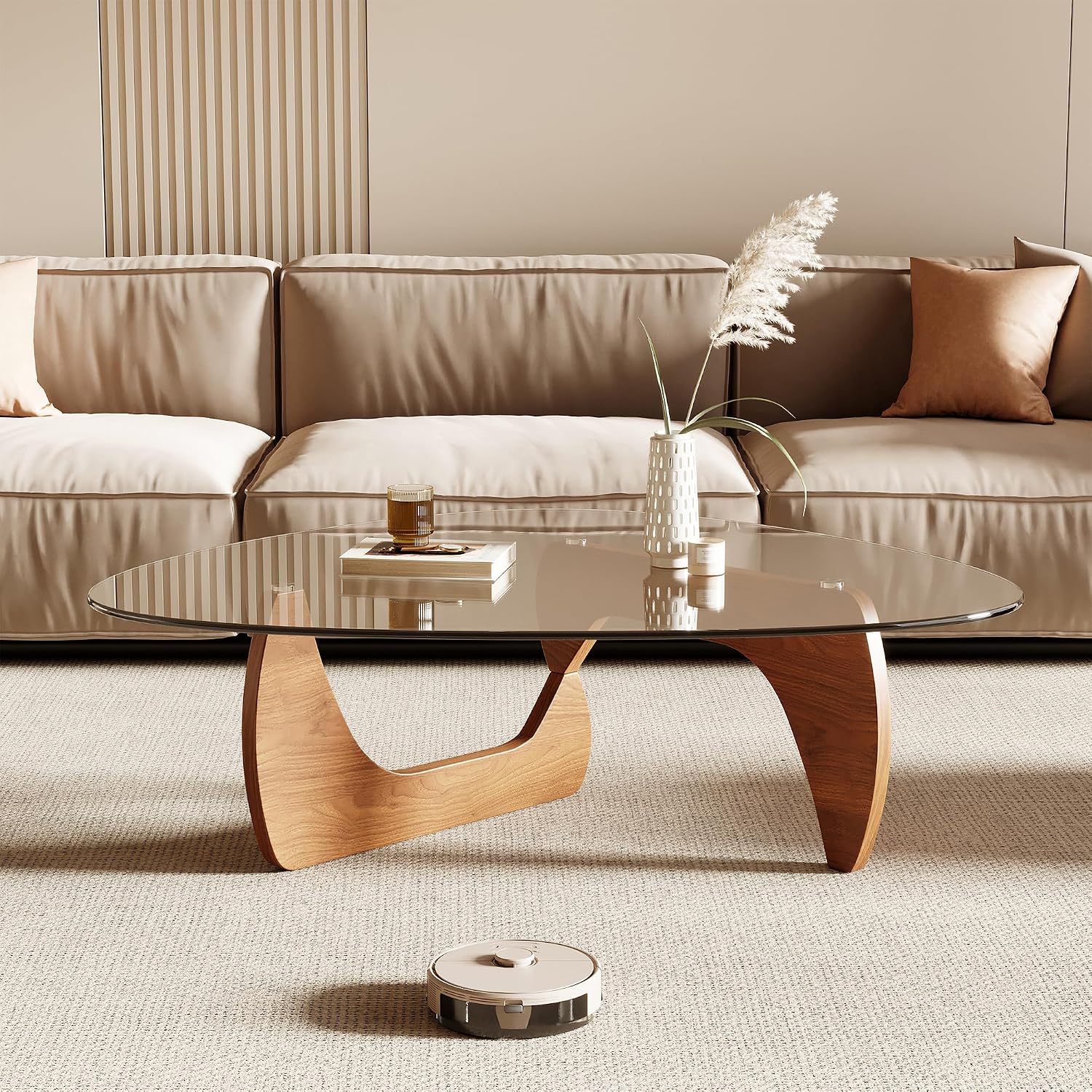 Honyee Morden Coffee Table, 42.5" x 28.5" x 16.1" Triangle Tempered Glass Top for Living Room, Color: Natural Wood - Image 3