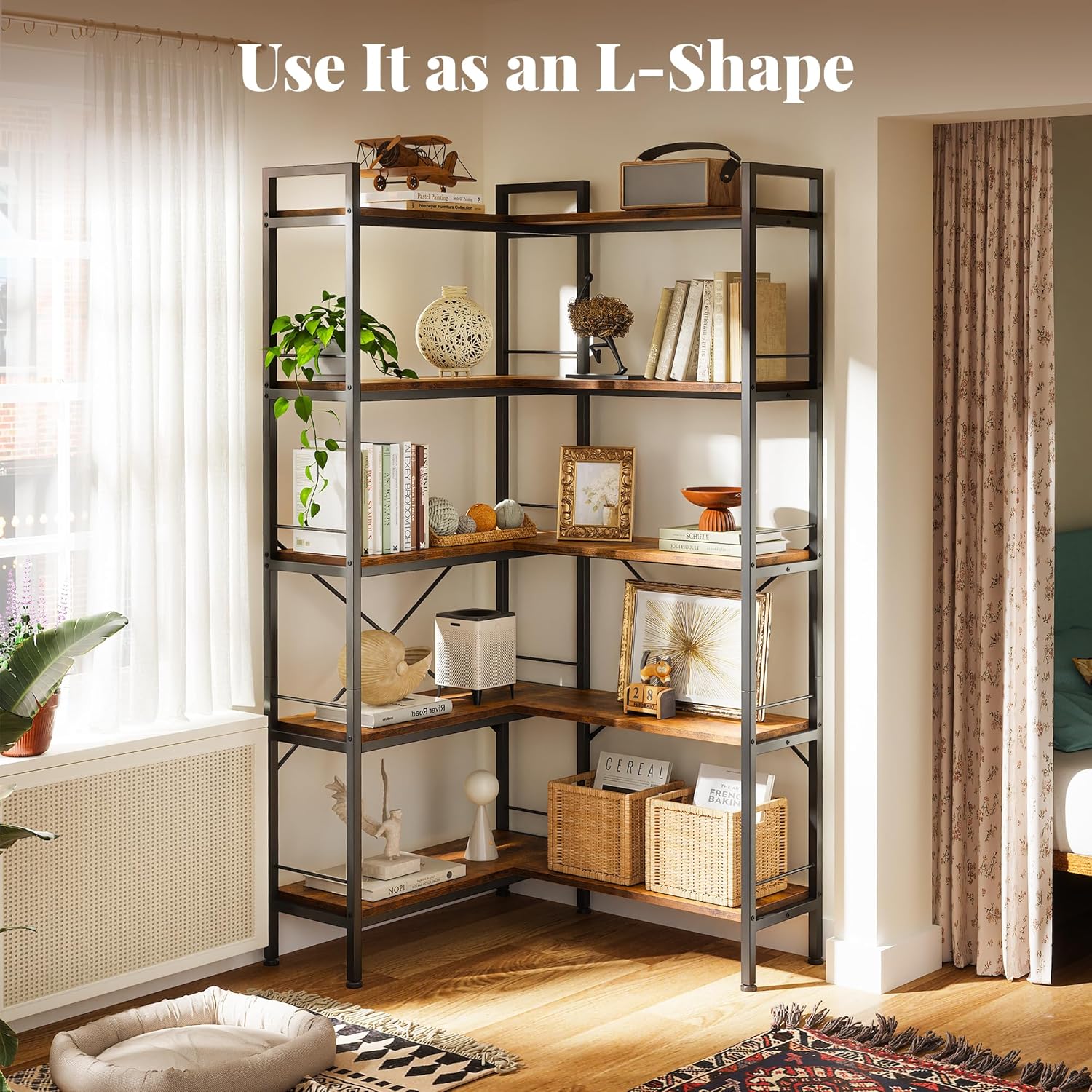 Huuger 5 Tier Bookshelf, L Shaped Corner Bookshelf with 10 Open Shelves, 49.4 Inch Straight Wide Bookcase with Metal Frame and Wooden Board, Adjustable Feet, Rustic Brown - Image 7