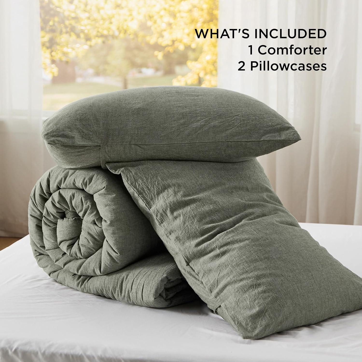 Bedsure PureWoven Cotton Comforter Set Prewashed, Queen Grayish Olive Green - Image 6