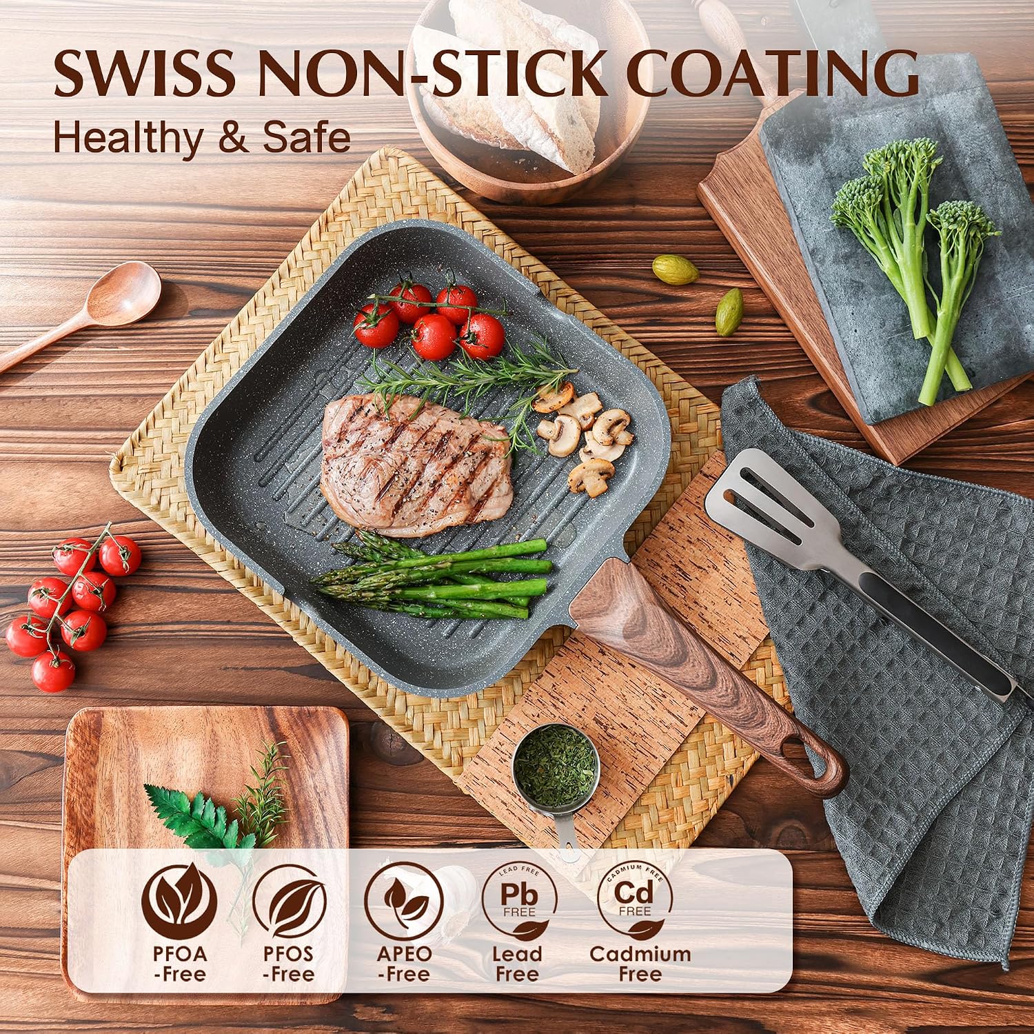 SENSARTE Nonstick Grill Pan for Stove Tops, Versatile Griddle with Pour Spouts, Square Big Cooking Surface, Durable Skillet Indoor & Outdoor Grilling. PFOA Free, 9.5 Inch - Image 2