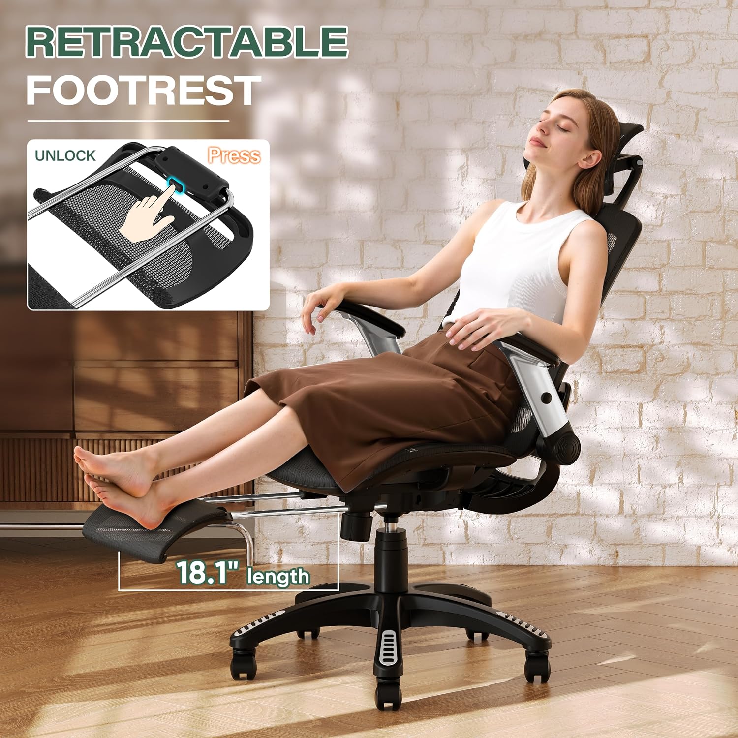 GABRYLLY Ergonomic Office Chair with Footrest, High Back Home Desk Chair - 3D Headrest, Flip-Up Arms, 135° Tilt and Wide Cushion, Heavy Duty Mesh Chairs for Task Computer Gaming, GYB01-FT - Image 4