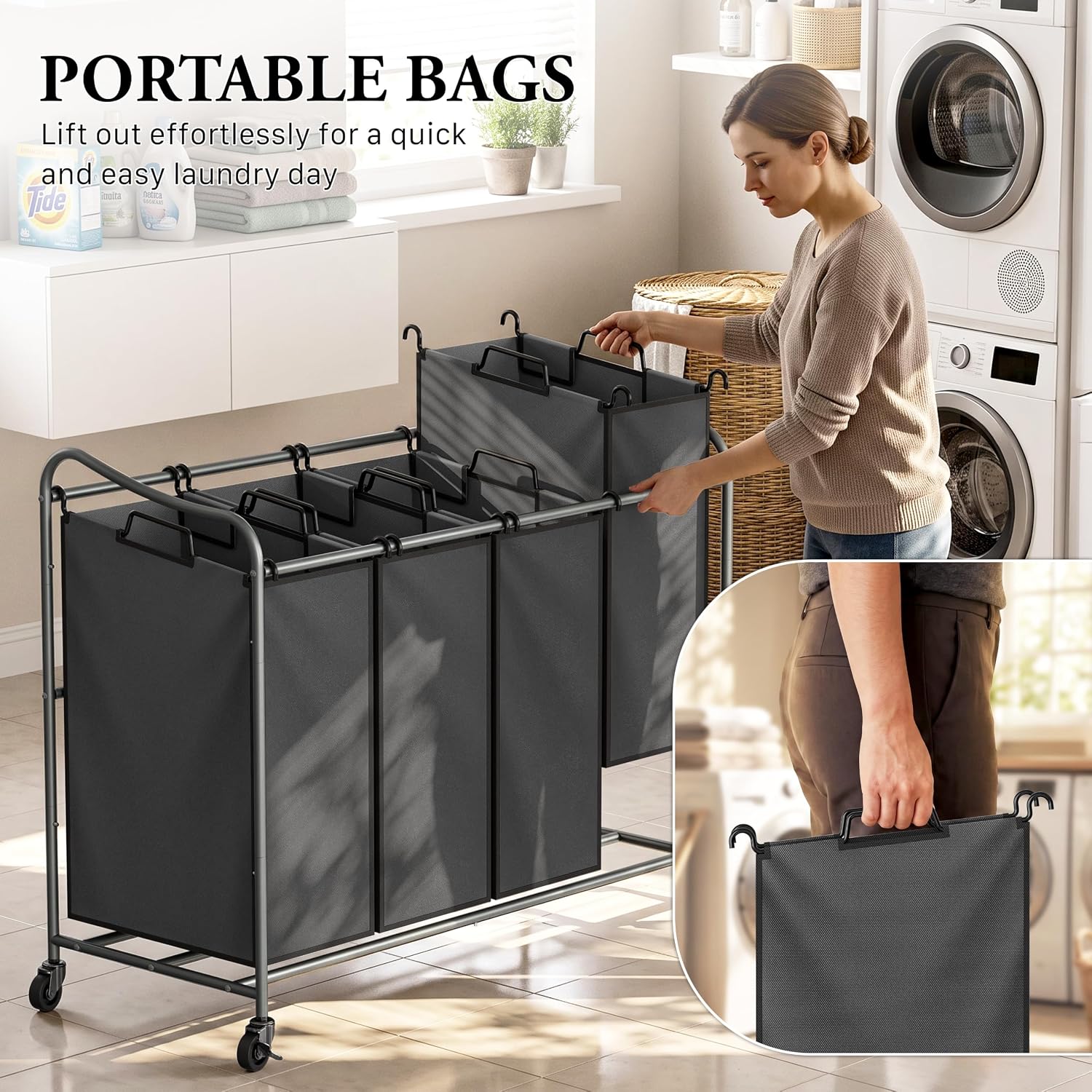Simple Houseware 4-Bag Heavy Duty Laundry Sorter Rolling Cart, Dark Grey - Image 6