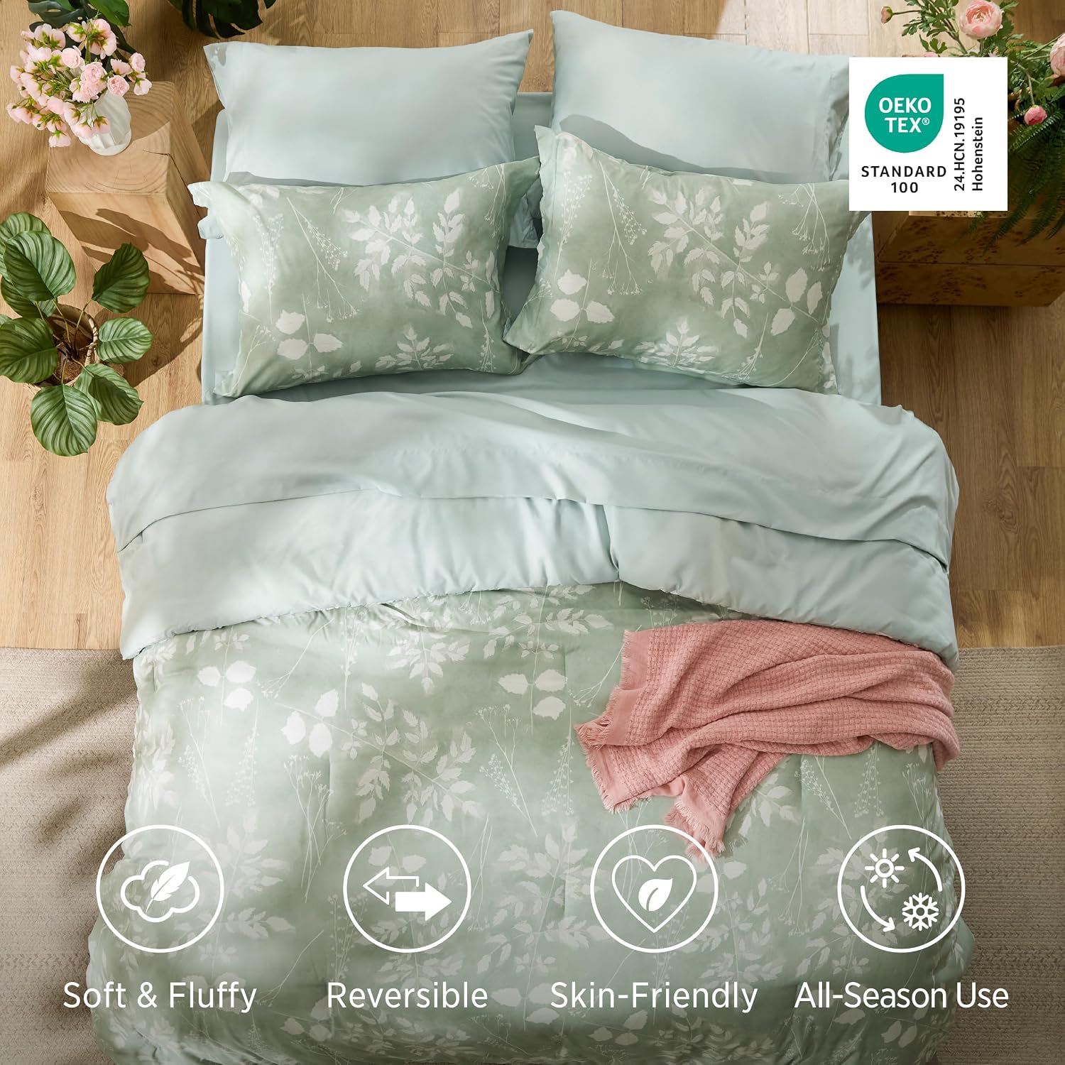 Bedsure Sage Green Queen Comforter Set, Floral Bedding Sets, 7 Piece - Image 3