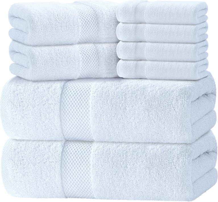 White Classic Luxury White Bath Towel Set of 8 - Soft 100% Turkish Cotton