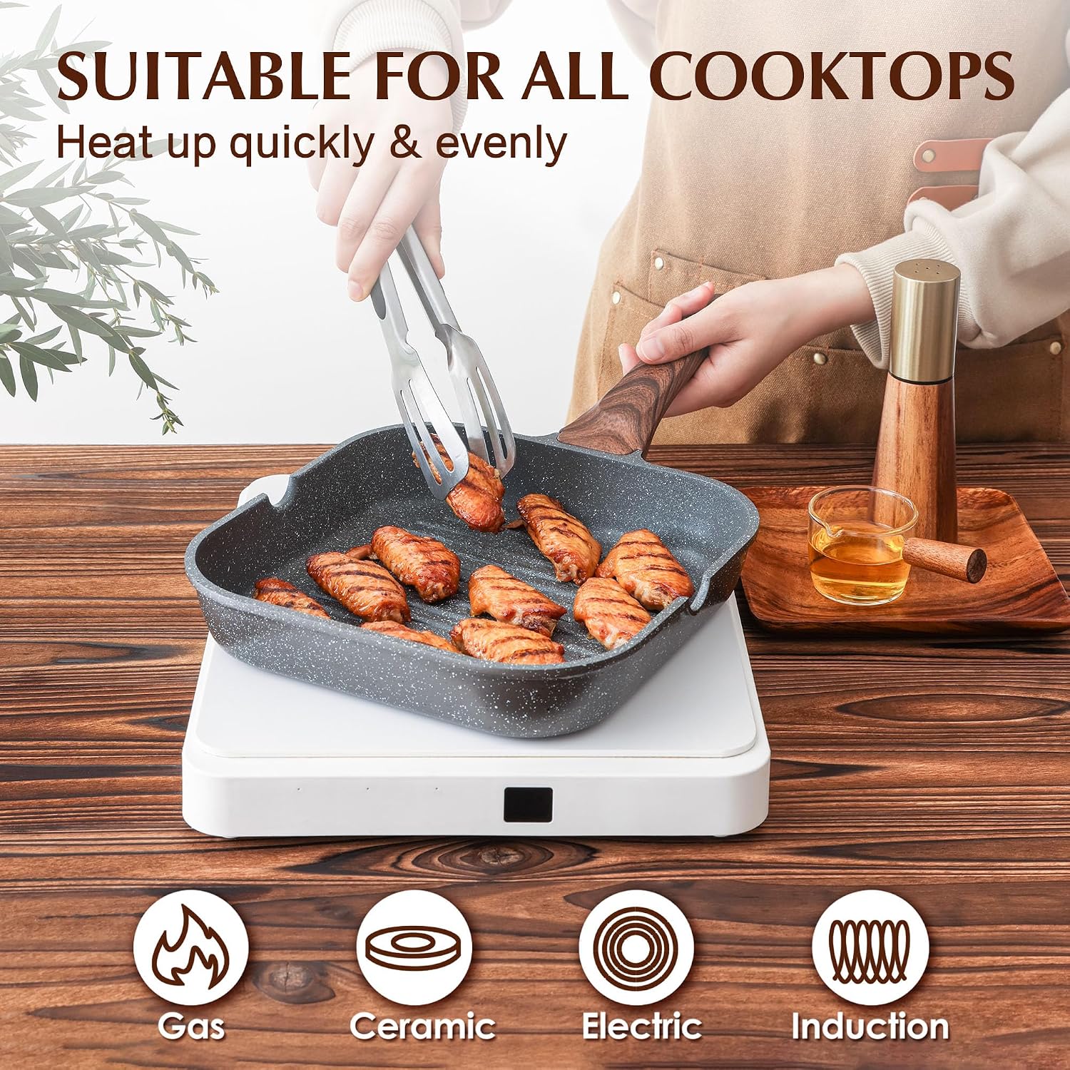 SENSARTE Nonstick Grill Pan for Stove Tops, Versatile Griddle with Pour Spouts, Square Big Cooking Surface, Durable Skillet Indoor & Outdoor Grilling. PFOA Free, 9.5 Inch - Image 6