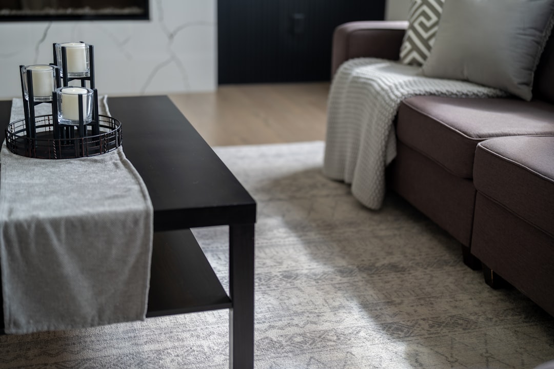 Modern living room with dark coffee table and sofa